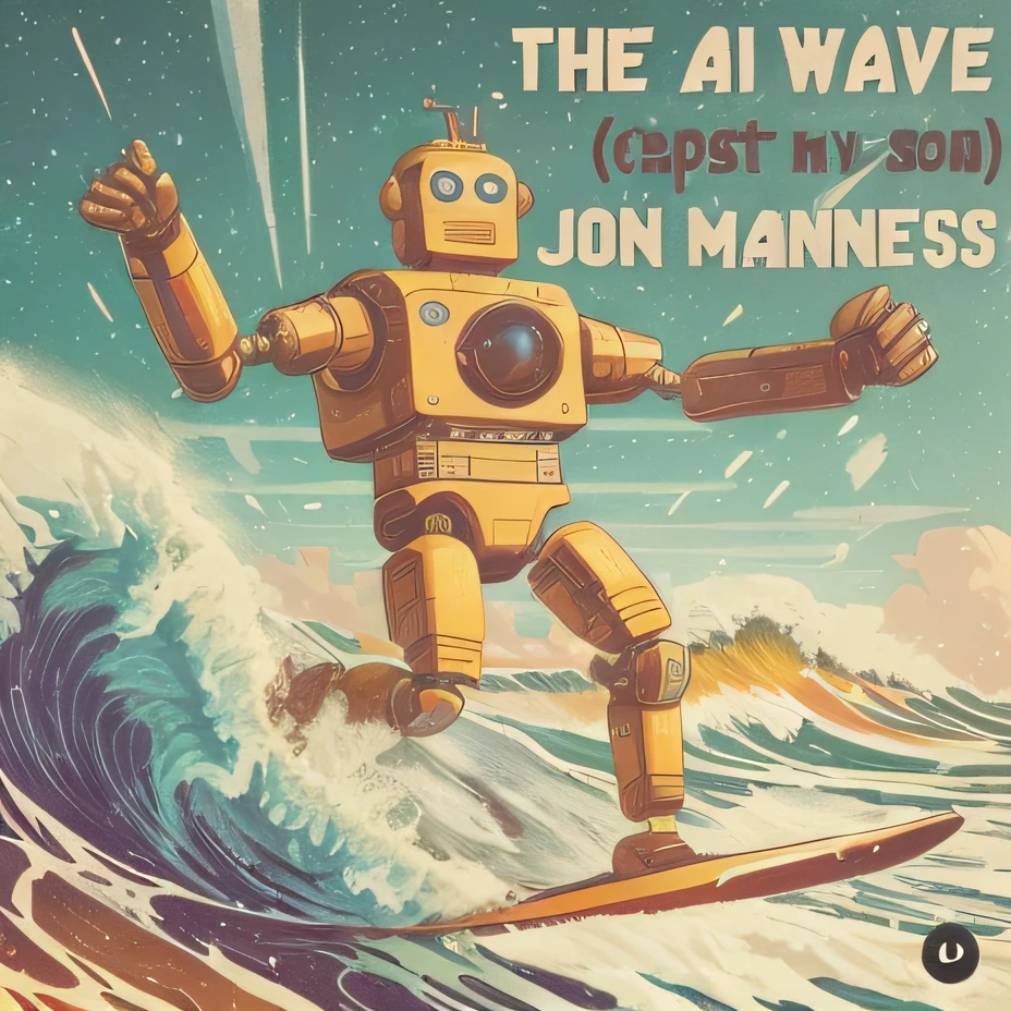 there is a robot that is surfing on a wave, ELIMINAR AS ESCRECRITAS DA IMAGEM, por Joe Machine, lofi album art, jony ives, arte da capa, imagem Synthwave, Direction: John Moonan, ( ( ( Synthwave ) ) ), capa do cd, Alphonse, Direction: Joe Mangrum, Um astronauta perdido no oceano, (Synthwave), A IA --auto