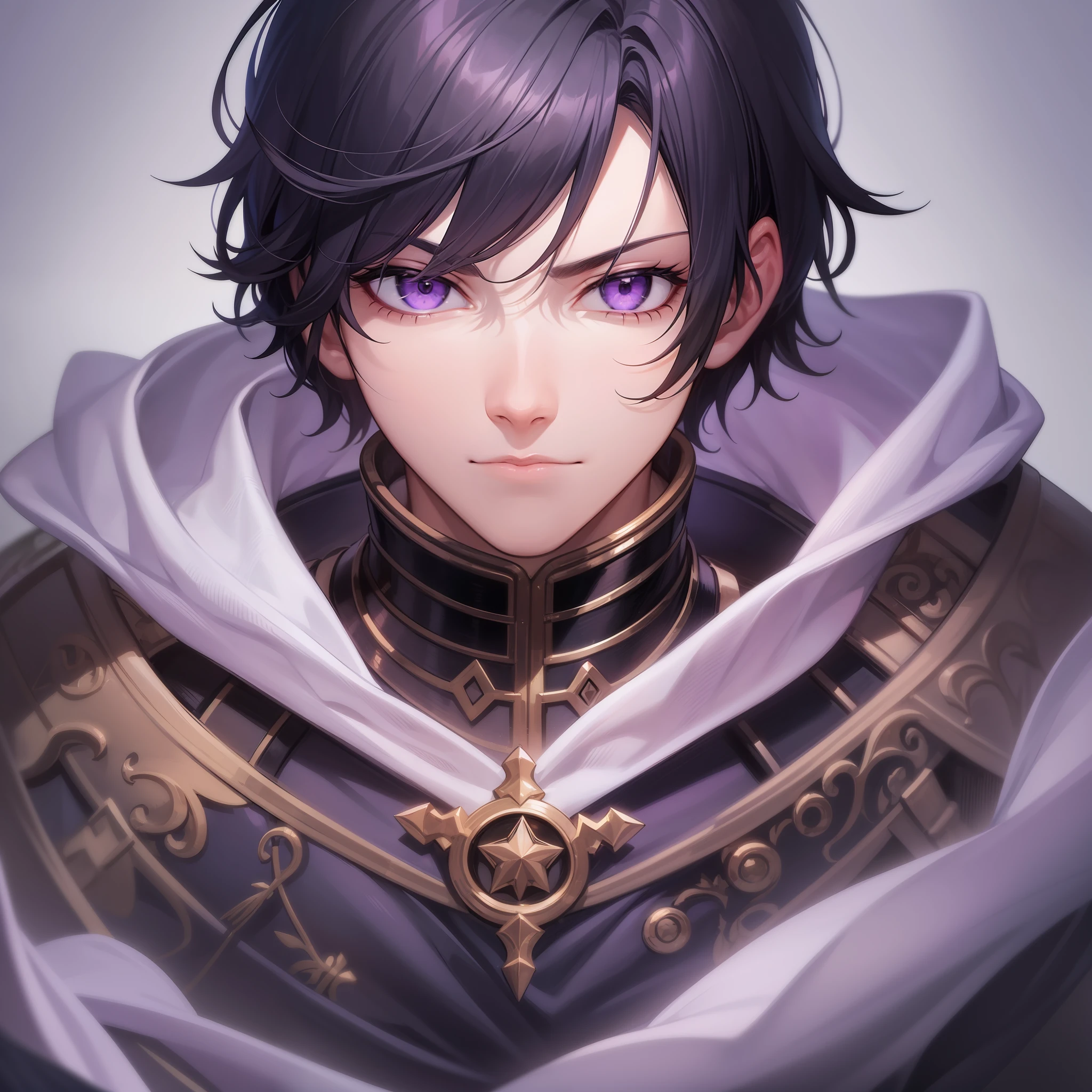 Young boy, male, intimidating, medium black hair, purple eyes, medieval, arcane, dark, bangs, facing the camera, lonely, 4k, good quality