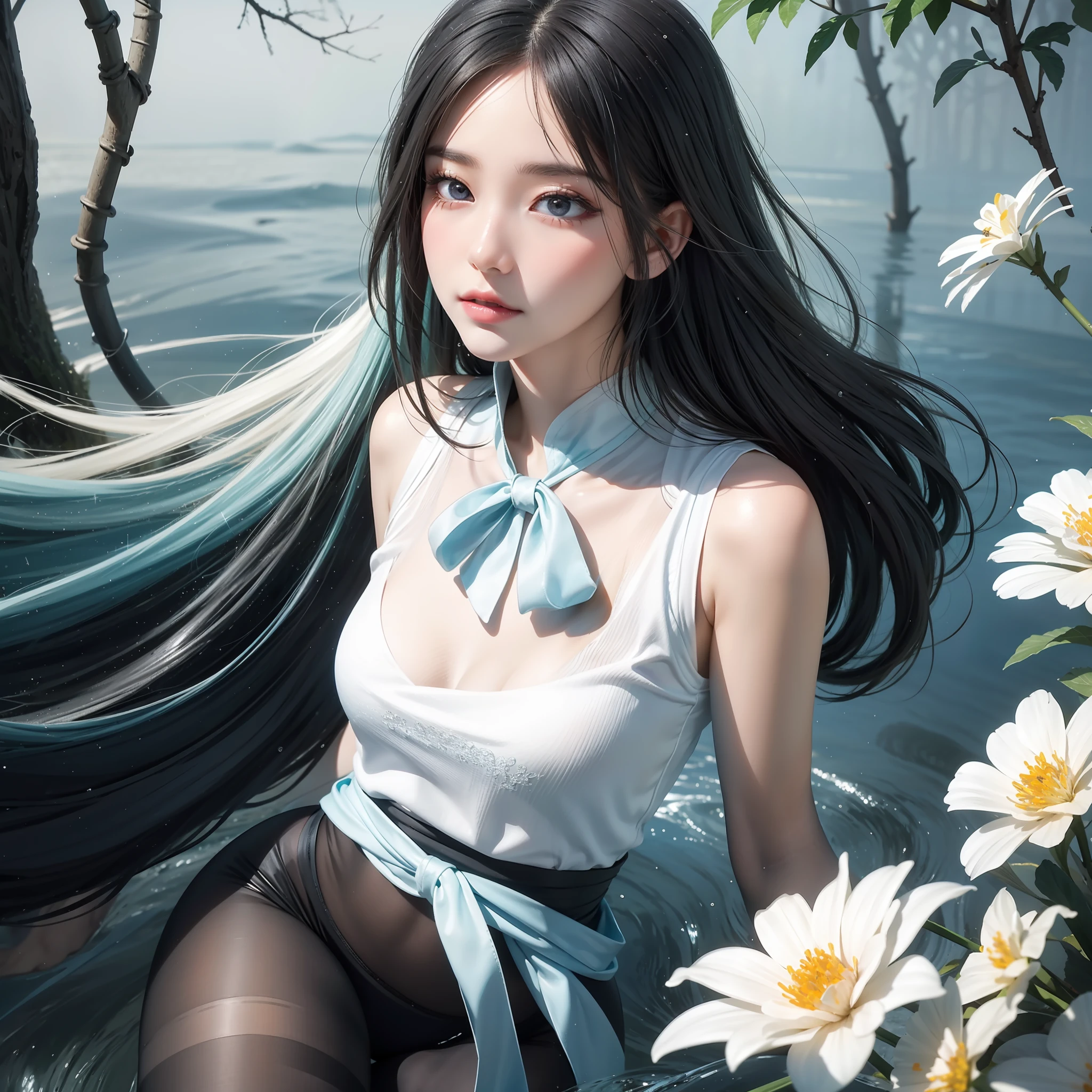 Sparkling lake，Trees overgrow，A hundred flowers argue。Cute girl，Flowing hair and crystal clear lake water，untidy，Flowing，melt，Water mist effect，Elegant blue gradient，intricated，Rendu octane，depth。
Petite and cute，Graceful，Graceful，Small man's waist，Vest line，Long legs。
Sexy tights。Intimate T-shirt，Fashion JK
Detailed eyes，Starry eyes，shiny glistening eyes，incredible detail，Extreme close-up，a hyper realistic，muted colors，Baohe style painting，Transparent fragments，air bubbles，Flowing beads，Everything melts and flows，Fractal，8K