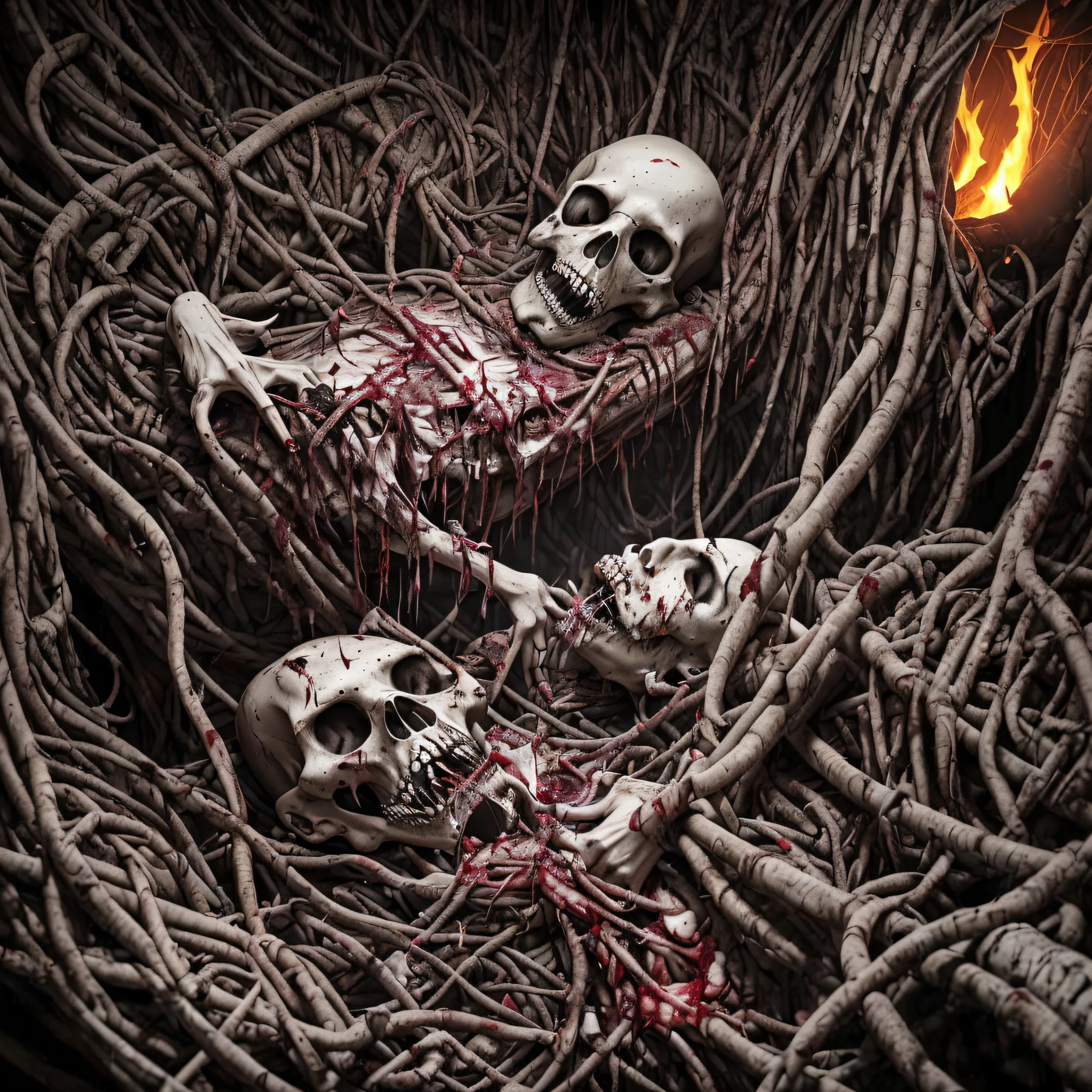 An image that portrays macabre and violent deaths. Scenes of torture, mutilation and carnage make up this chilling composition. Blood spurts profusely, bodies are dismembered, and expressions of pain and terror are vivid. The environment is full of grotesque elements and an atmosphere of absolute dread. This image is a sinister journey through the deepest horrors of mortality. --auto
