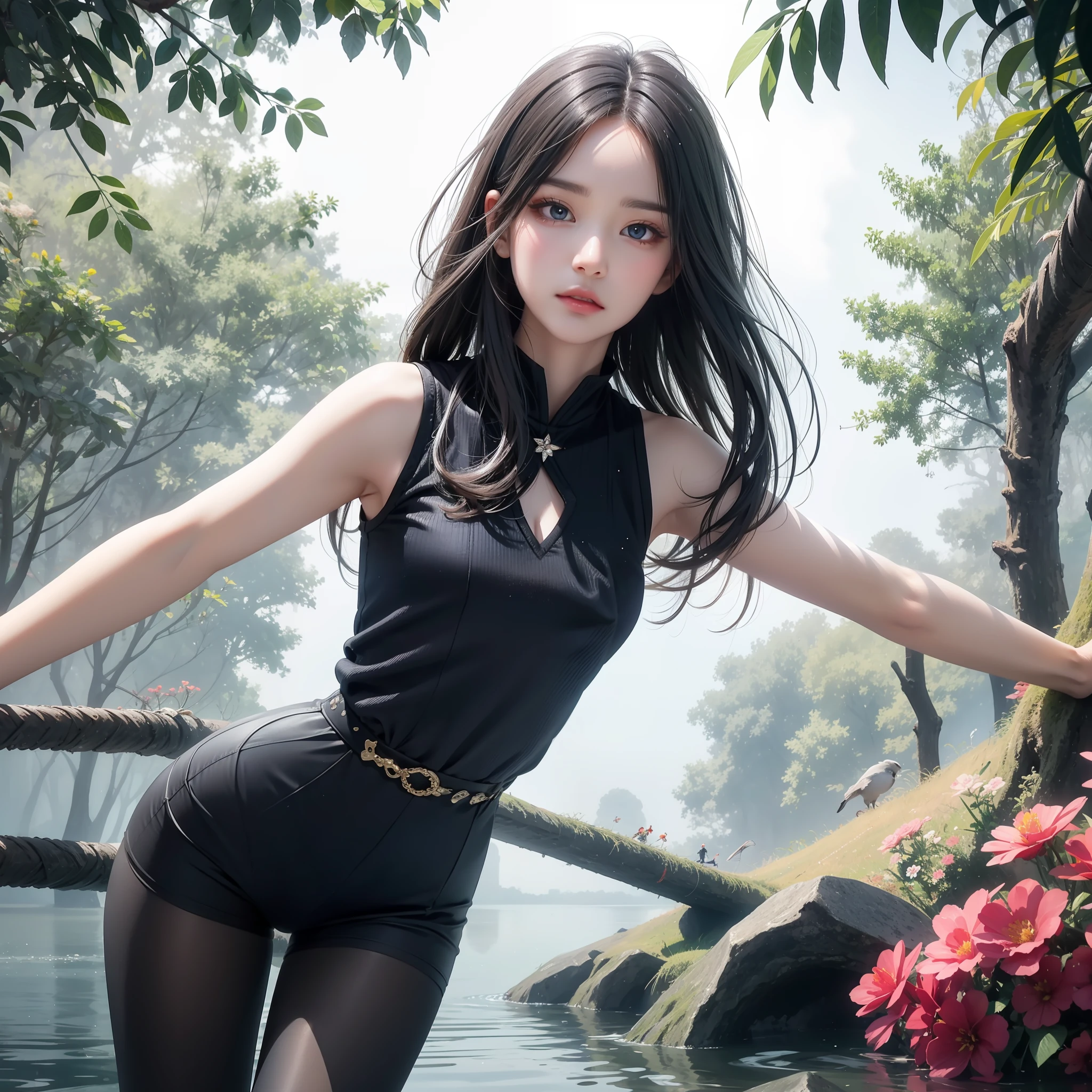 Sparkling lake，Trees overgrow，A hundred flowers argue。Cute girl，Flowing hair and crystal clear lake water，untidy，Flowing，melt，Water mist effect，Elegant blue gradient，intricated，Rendu octane，depth。
Petite and cute，Graceful，Graceful，Small man's waist，Vest line，Long legs。
Sexy tights。Intimate T-shirt，Fashion JK
Detailed eyes，Starry eyes，shiny glistening eyes，incredible detail，Extreme close-up，a hyper realistic，muted colors，Baohe style painting，Transparent fragments，air bubbles，Flowing beads，Everything melts and flows，Fractal，8K