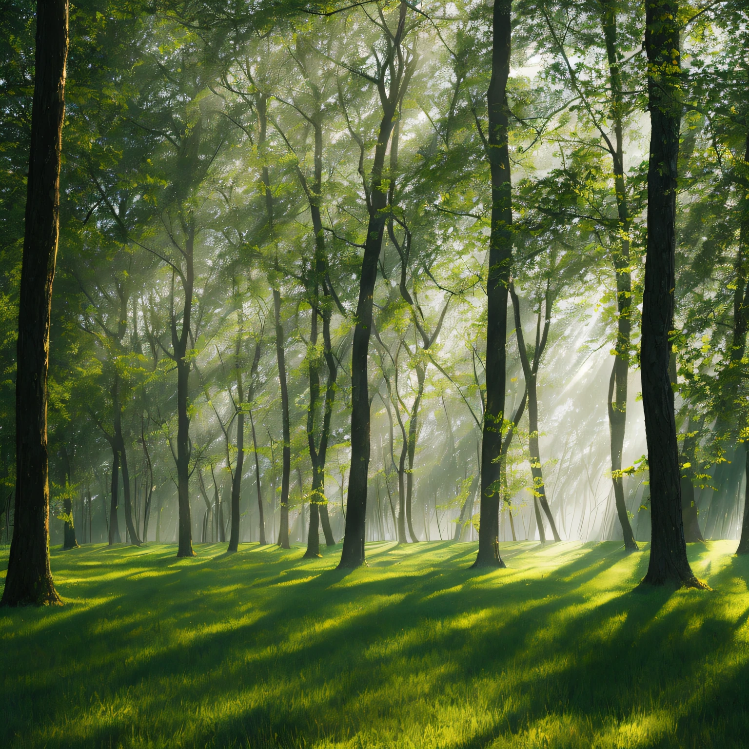 (jogo),(foto),Highresolution, paisagem de uma floresta clara com altas arvores durante o amanhecer com raios de sol cruzando as folhas --auto