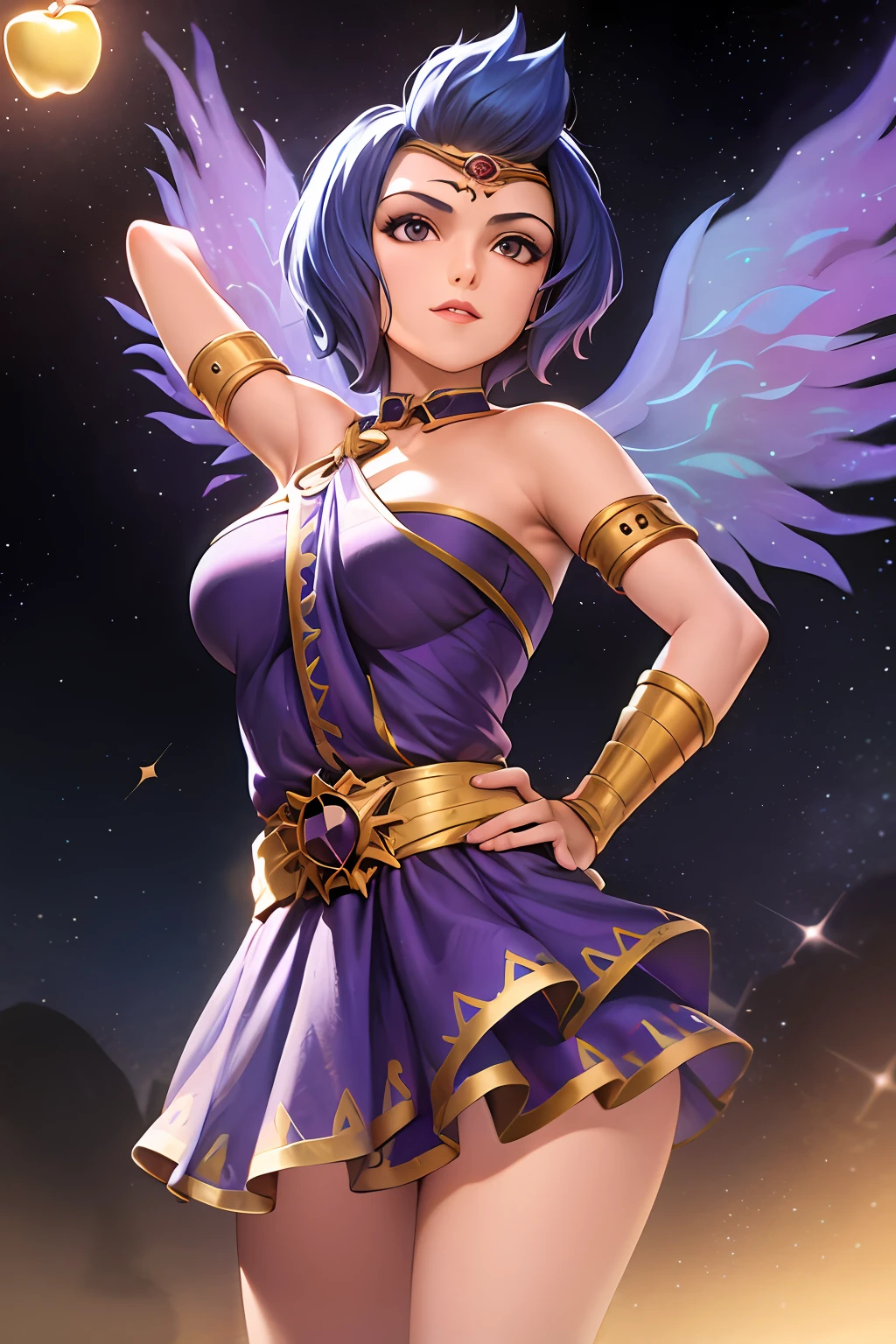 masterpiece, best quality, 1girl, discordia, solo, arms on hips, blue hair, short hair, purple dress, ethereal wings, gold apple, space, starry sky, night