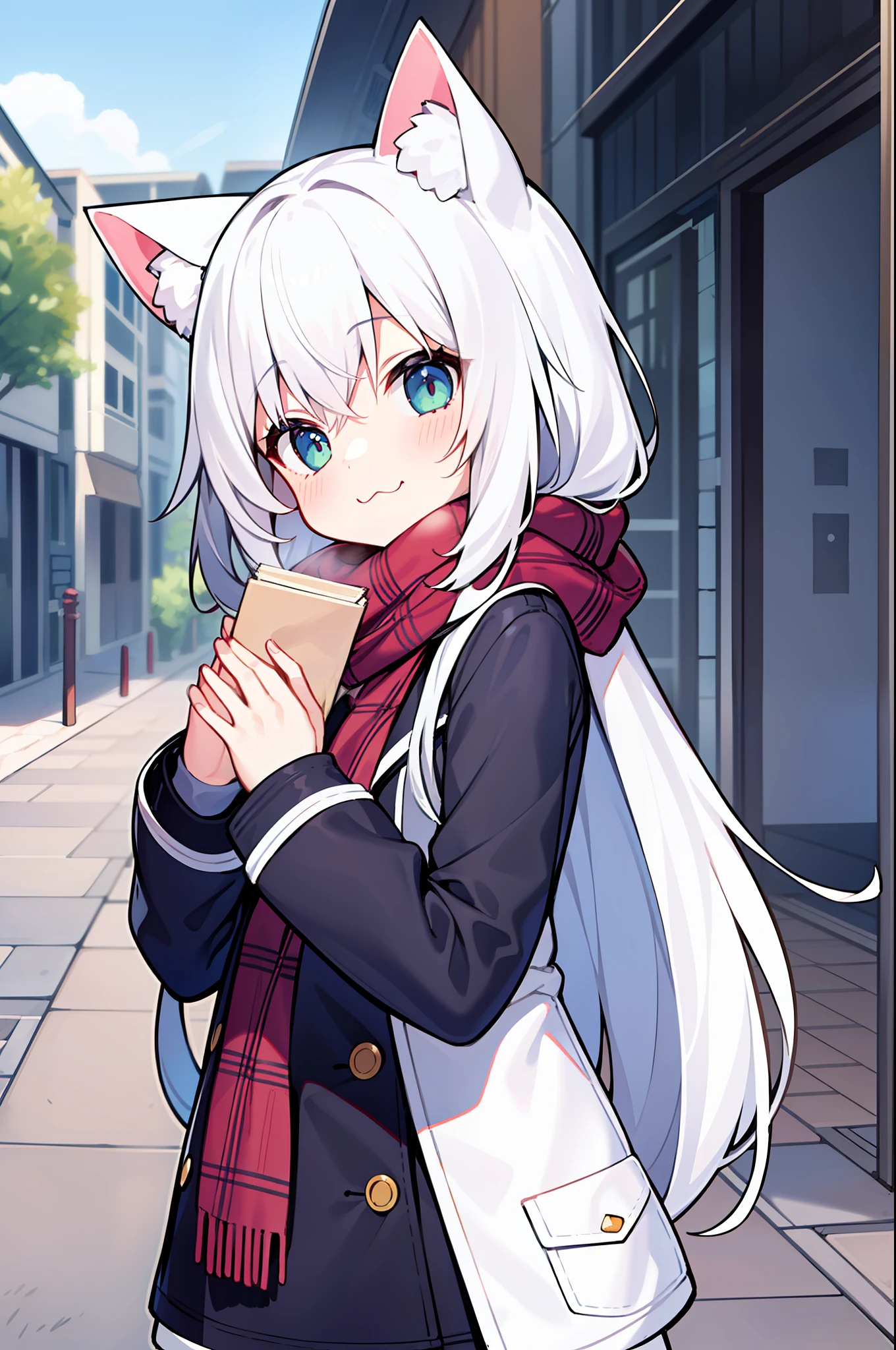 master-piece, Need, 1girl, white hair, medium long hair, cat ear, Open, looks at the viewer, :3, Cutes, scarf, jacket, out door, streets,