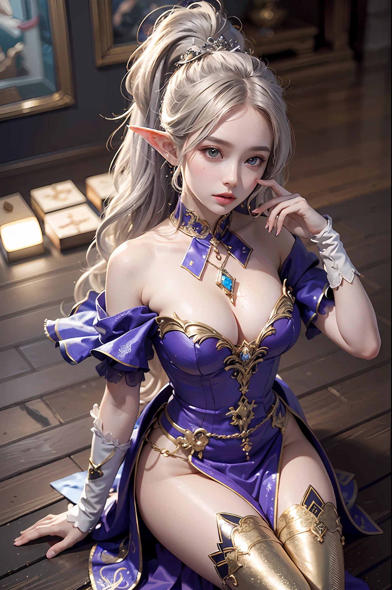 ((best qualiy)), ((A Masterpiece)), (detail:1.4), 3D, A beautiful elven fantasy beautiful girl,Elf long ears,((Long silver hair,Double ponytail:1.9)),(Princess dress:1.4)(Western European medieval style,Metal Temple,:1.6),Metallic sequins,fantasy style,closeup at the face,Extremely normal hands,Extremely normal legs,hdr(High dynamic range),raytracing,NVIDIA RTX,ultra resolution,Unreal 5,Subsurface scattering、PBR Texture、post processing、Anisotropic filtration、depthoffield、Maximum clarity and clarity、Multilayer Texture、Albedo e mapas Speculares、Surface Shading、Accurate simulation of light-material interactions、perfectly proportioned、rendering octane、Two-color light、Large aperture、Low ISO、White balance、rule of thirds、8K RAW