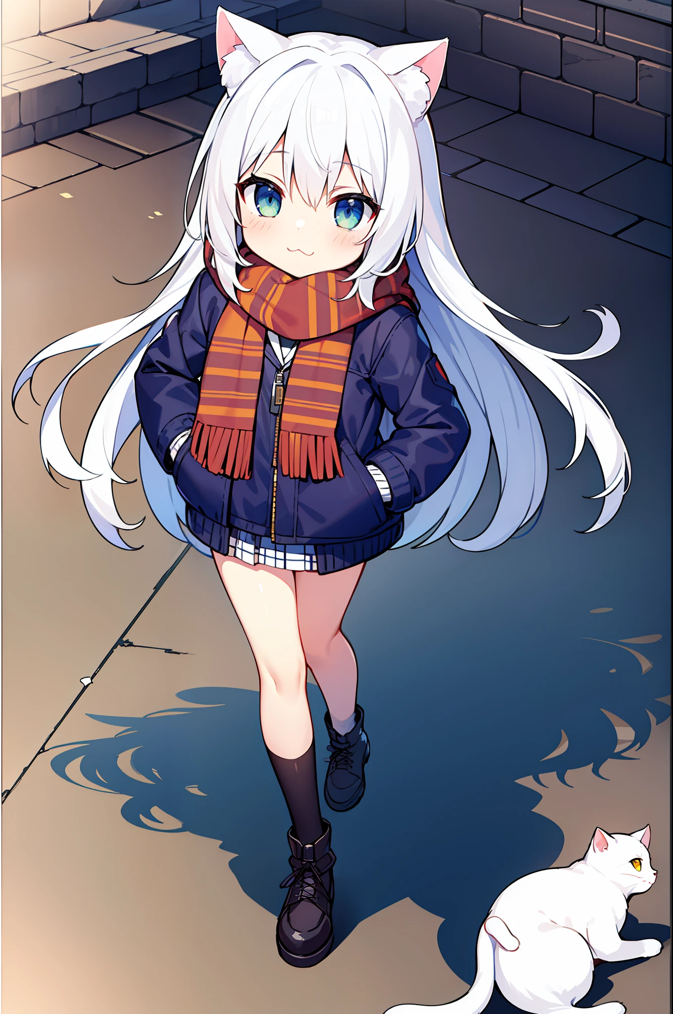 master-piece, Need, 1girl, white hair, medium long hair, cat ear, Open, looks at the viewer, :3, Cutes, scarf, jacket, out door, streets,