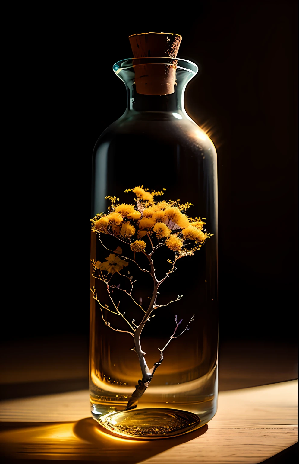 Cherry tree in a bottle, fluffy, realistic, atmospheric light refraction, photographed by lee jeffries, nikon d850 film Stock Photo 4 Kodak portra 400 camera f1.6 lens, rich colors, ultra realistic realistic textures, dramatic lighting, unreal engine trending on artstation cinestill 800, Style-Glass