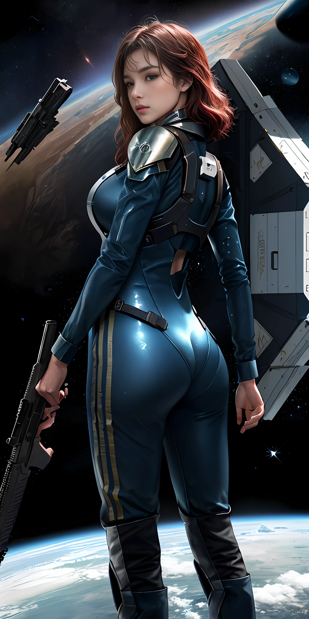 1girls，Female Star Warrior，Delicate and beautiful face，blushes，The lips open slightly，Hair color and dyeing，Busty boobs，Convex buttocks，Unidentified fluid on the buttocks，Dressed in a bodysuit，High-tech combat boots，Armed with a firearm，Weapons of the future，perfectly proportioned，Detailed clothing details，Liquid effect，space，heavenly body，Interstellar battlefield，Harsh war environment，detailed backgorund，high quailty，master-piece，8K，