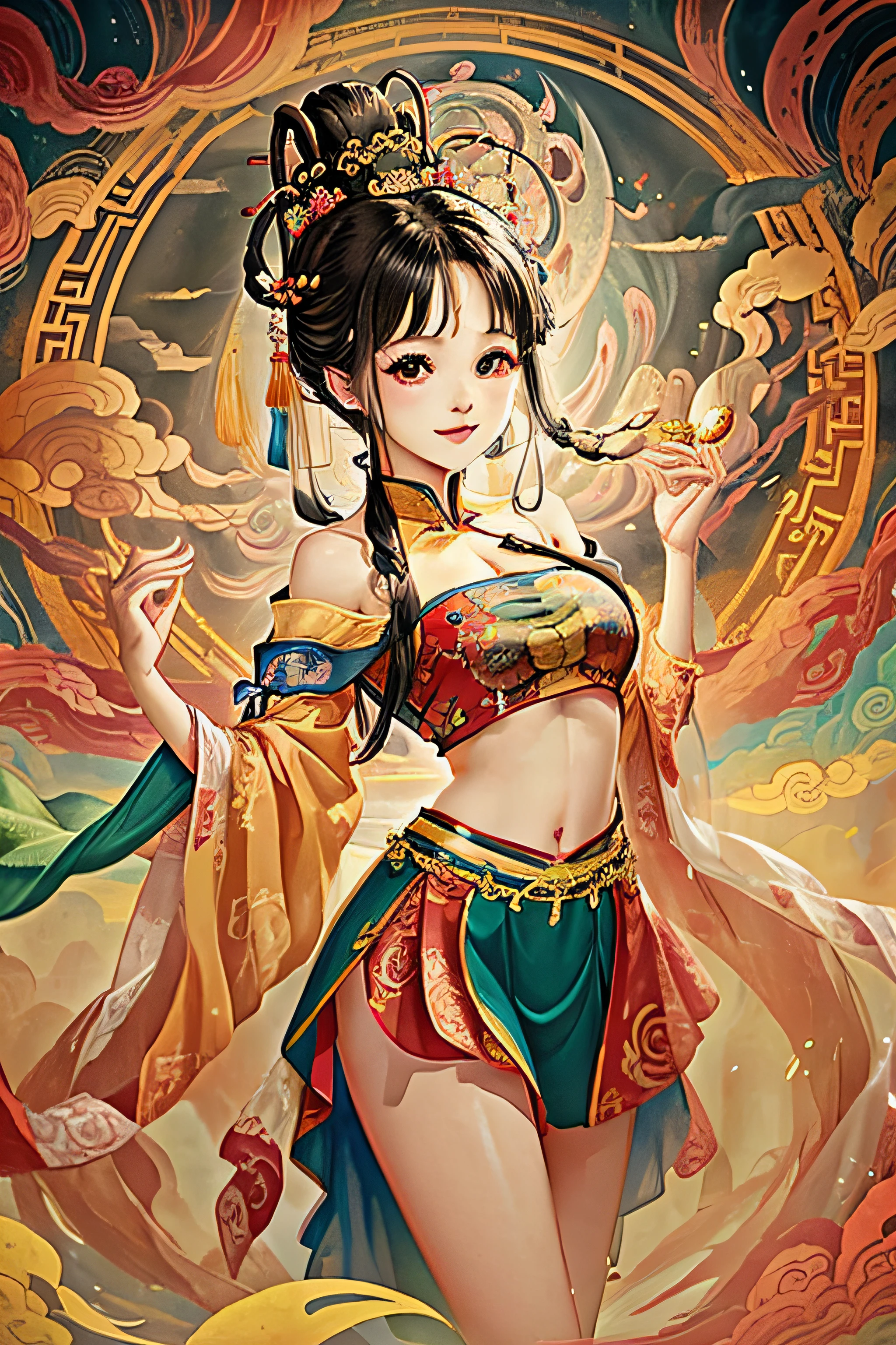 Official Art, Unified 8K Wallpapers, Ultra Detailed, Beautiful and Aesthetic, Masterpiece, Best Quality, (Zentangle, Tangle, Entangle), (fractal art: 1.4), (character center: 1.3), 1girl, black hair, Chinese, bare shoulders, short skirt, calf, navel, very detailed, dynamic angle, cowboyshot, (most beautiful form of chaos), ethereal, (bright colors), oc, (half: 1.2), Chinese, (thangka flying sky: 1.5), (ribbon: 1.3), (dream: 1.5), (hanfu: 1.5), (smile: 0.5), (Chinese deity),