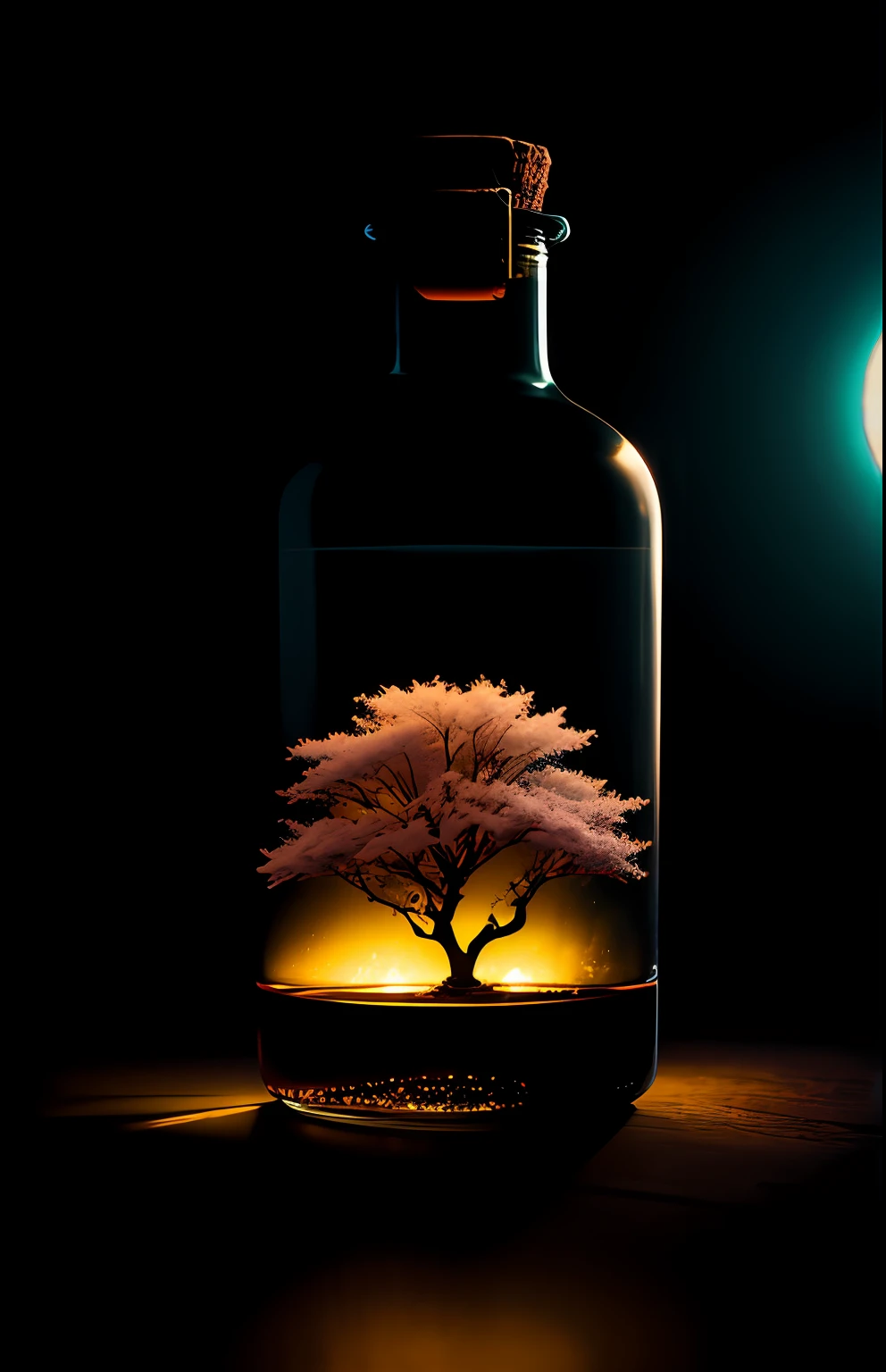 Cherry tree in a bottle, fluffy, realistic, atmospheric light refraction, photographed by lee jeffries, nikon d850 film Stock Photo 4 Kodak portra 400 camera f1.6 lens, rich colors, ultra realistic realistic textures, dramatic lighting, unreal engine trending on artstation cinestill 800, Style-Glass