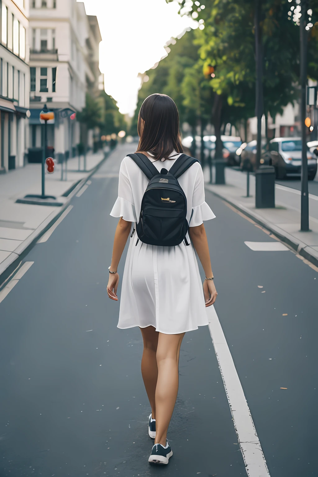 Girl walking along a path with a backpack on her back, walking away from camera, walking away from camera, walks on the street, a woman walking, close, white clothing, walking on the street dressed in light tones, woman Walking, girl in white dress, walking confidently, girl in light tones dress, post processing, maximum detail, roughness, real life, ultra realistic, photorealism, photography, 8k UHD, photography, Kodak vision color, perfect fit body, extremely detailed, photo_\(ultra\) (filmic grain) --auto