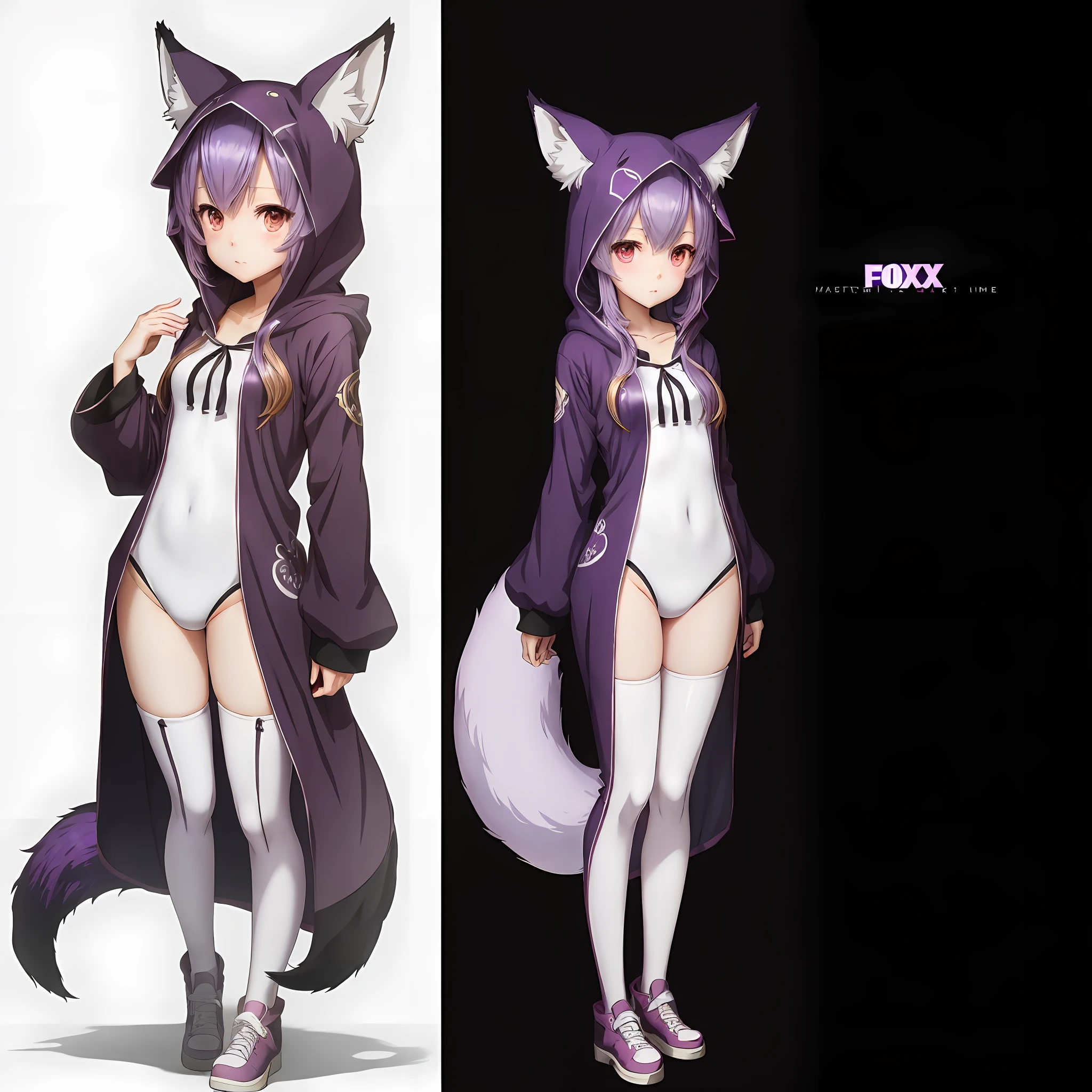 Fox ears、Fox tail、Purple hair、Kigurumi、Standing Picture、Lori、short、White background、Simple background、((Um corpo inteiro))、((masterwork))、((Anime filling))、Game Fill、 --auto