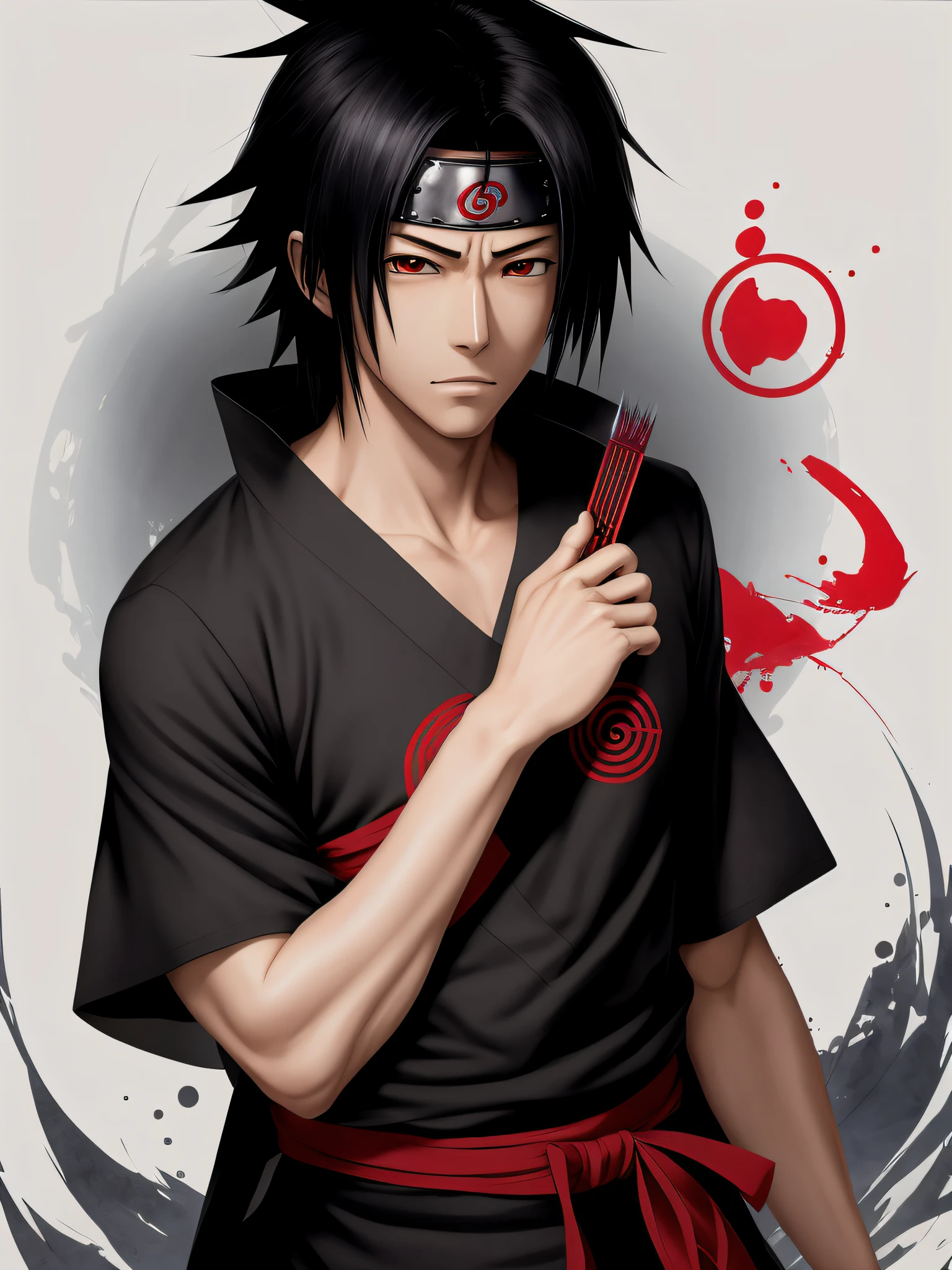 anime character with black hair and red belt holding a red knife, itatchi uchiha, sasuke uchiha, itachi uchiha, itachi, akatsuki akira, masayoshi suto and artgerm, ryuu, male anime style, madara uchiha, anime style character, from naruto, anime style”, hiro, handsome japanese demon boy