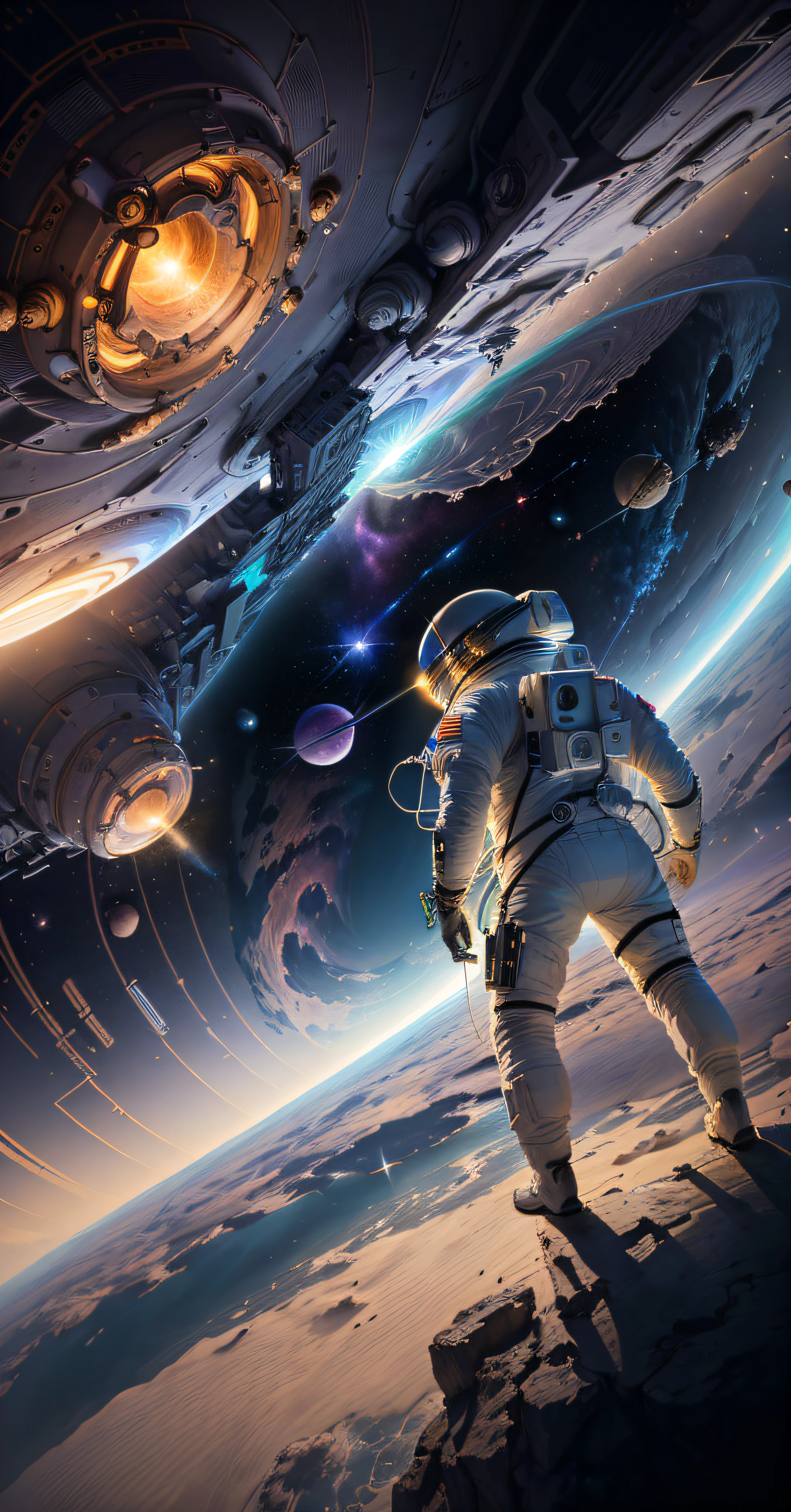 astronaut in outer space with planets in the background, astronaut lost in liminal space, astronaut in space, astronaut in space, space travel, epic beautiful space scifi, Astronauts stand on the land of the planet,On the armband is the Chinese flag surreal space, 4K, The vastness of the universe, star cluster，nebula，Galaxy，beeple and tim hildebrandt, space sci - fi