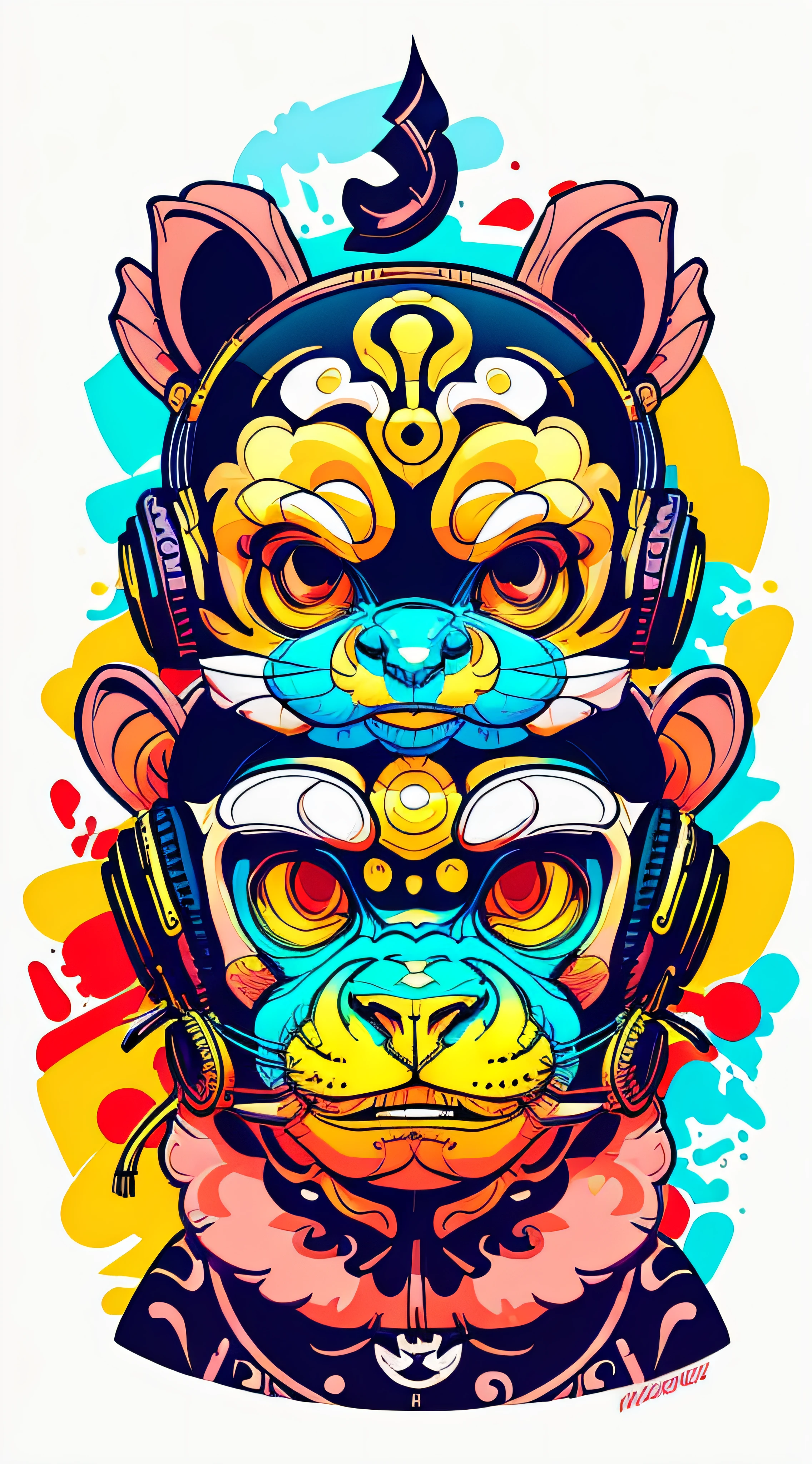 centered, isometric, vector t-shirt art ready to print highly detailed colourful graffiti illustration of baby Monkey, wearing headphones, face is highly detailed, vibrant color, high detail --auto