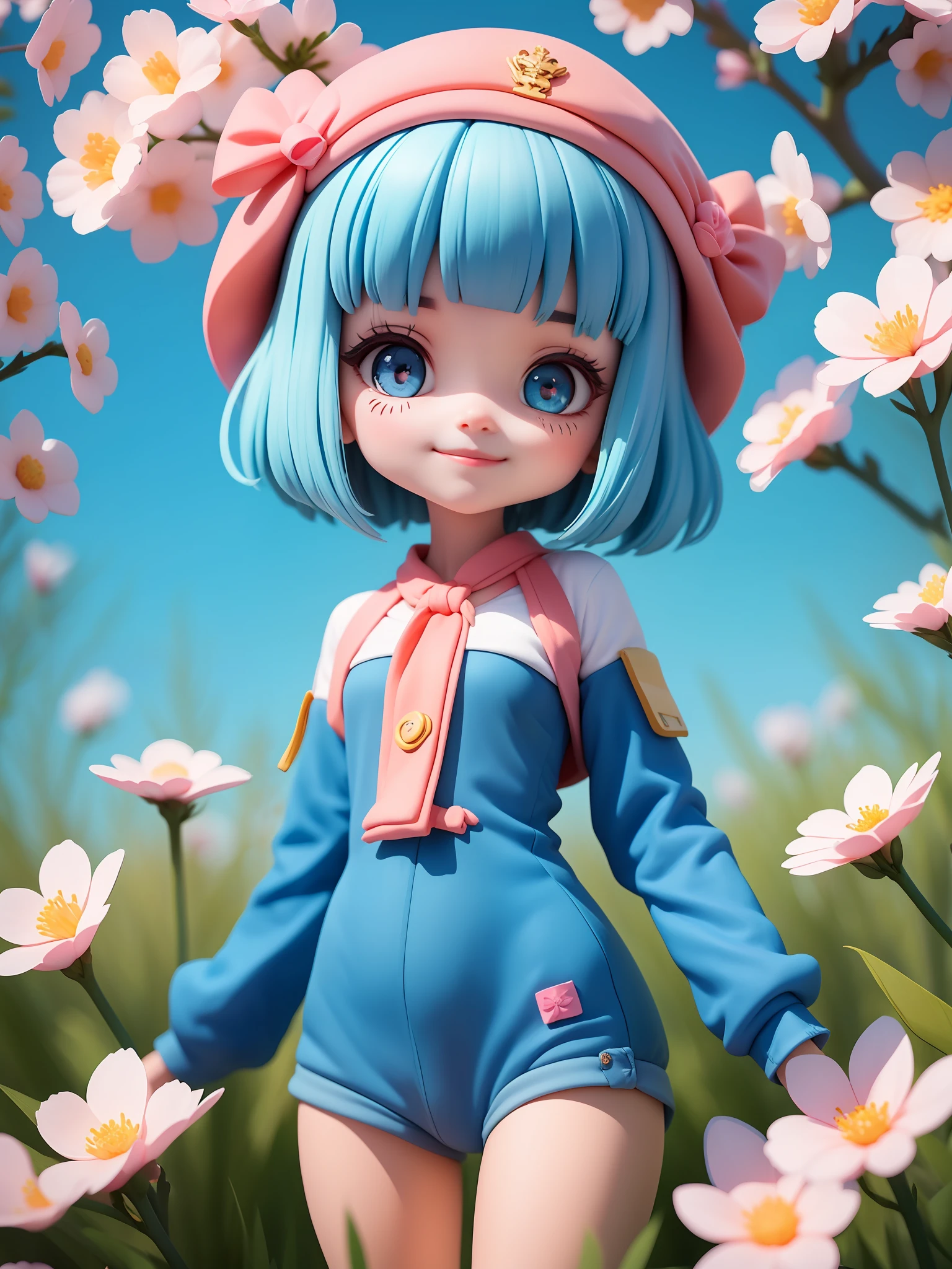 (Masterpiece),(Need),(Super meticulous),(Um corpo inteiro:1.2),1girl,Chibi T-Shi,Cutes,smiled,zhangzui,flowers,out door,Music,beret,Hold the bear,plugsuit,Tress,:3,shirts,bobcut hair,cherry blossoms,Pink tiara,Blushlush,long sleeve,hair bangs,Bow,Blue hair,Pink flowers,(beautiful detailed face),(beautifully detailed eyes),