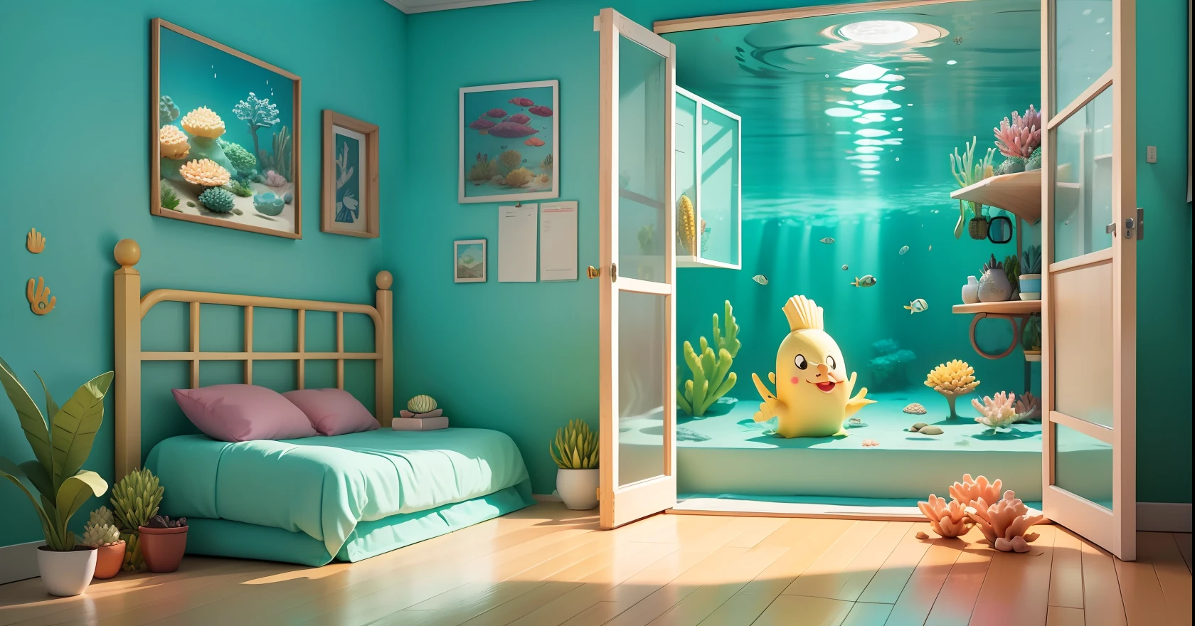 Underwater SpongeBob SquarePants Pineapple House, simple ocean underwater, fresh, summer, lively sparkling, simple picture, fresh color, bright picture, there is a cute small room, a small number of coral reefs, simple and clean picture, advertising art, poster, 8K ultra high resolution, super HD