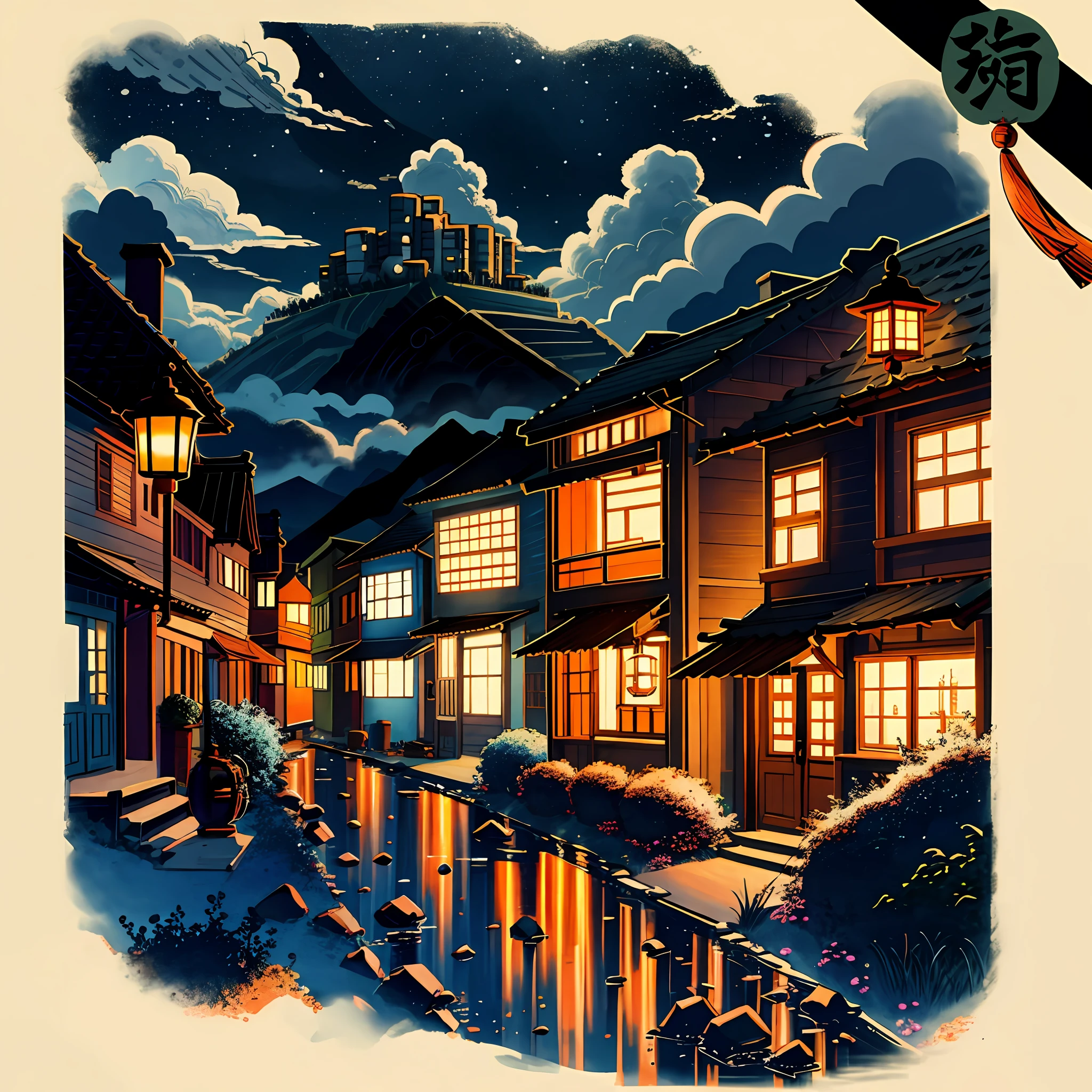 Traditional Chinese ink painting Coal mining town Fairy tale Cloudy sky World of picture books Night city Complex Orange lantern