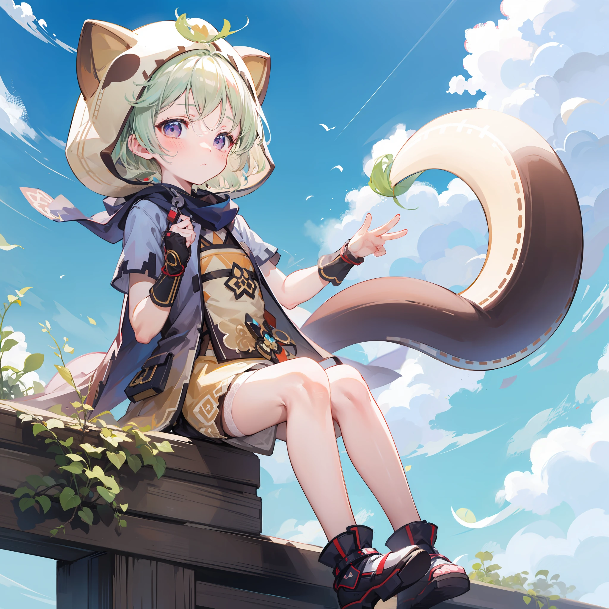 blush, outdoor, daytime, simple background, blue sky, wavy hair, sky, looking at the audience loli, very cute expression, small short legs, avatar, white tights