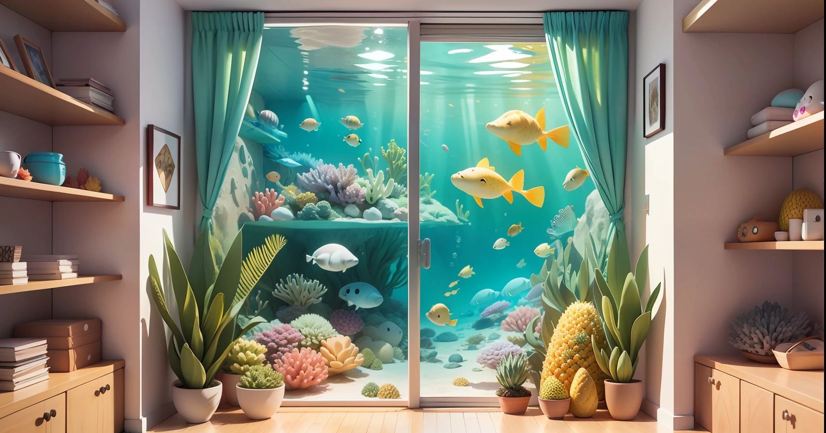 Underwater SpongeBob SquarePants Pineapple House, simple ocean underwater, fresh, summer, lively sparkling, simple picture, fresh color, bright picture, there is a cute small room, a small number of coral reefs, simple and clean picture, advertising art, poster, 8K ultra high resolution, super HD