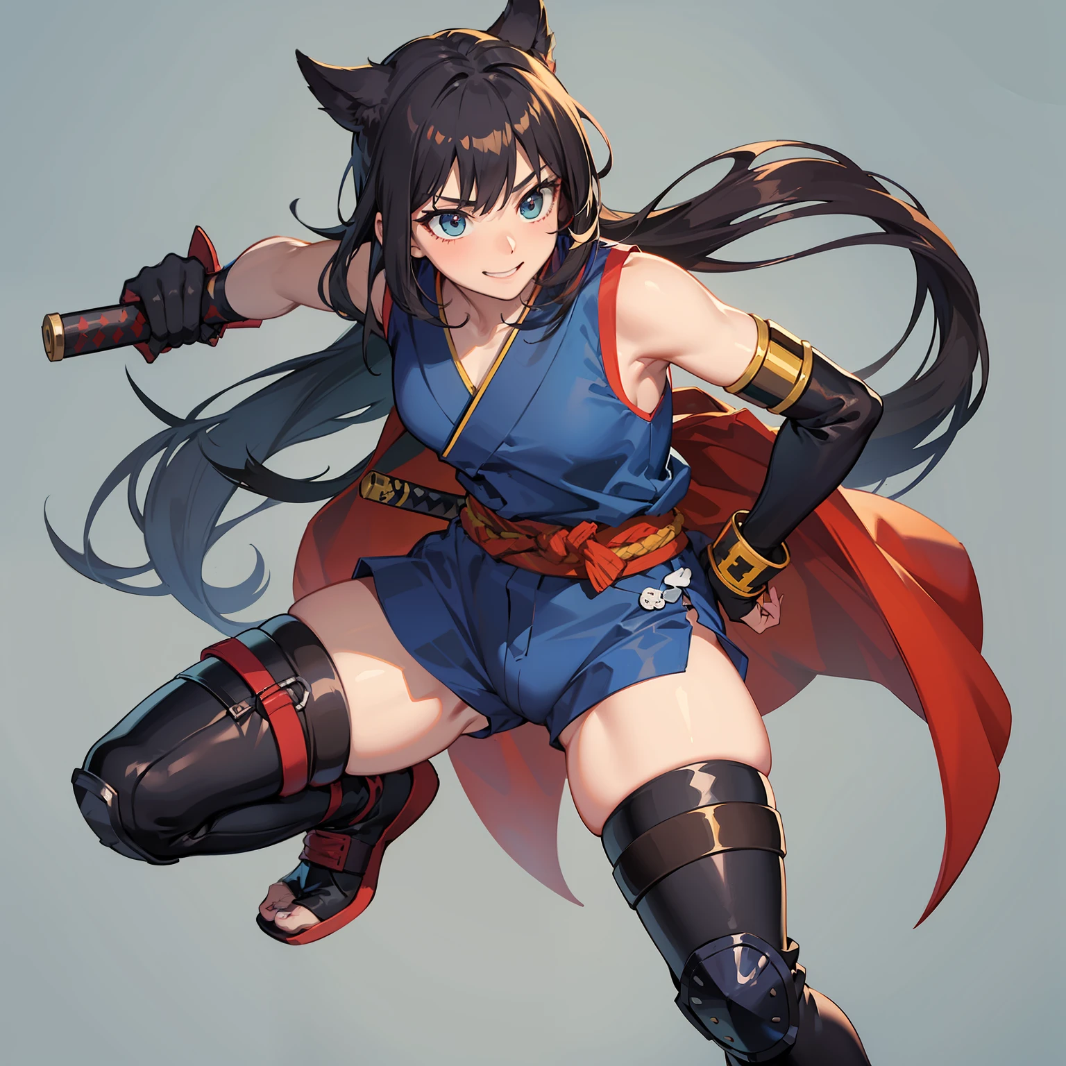 16 years girl, ninja, chica atractiva, largo cabello amarillo recogido en una cola de caballo, ojos color verde, Small blue kimono with sleeveless red edges, Female athlete shorts, Red ninja belt, Elbow-length glove with metal wristbands and no fingers, Long boots with metal shin guards, katana en las manos, Semblante animado, sonrisa alegre, pose de pelea, chica de shonen de peleas