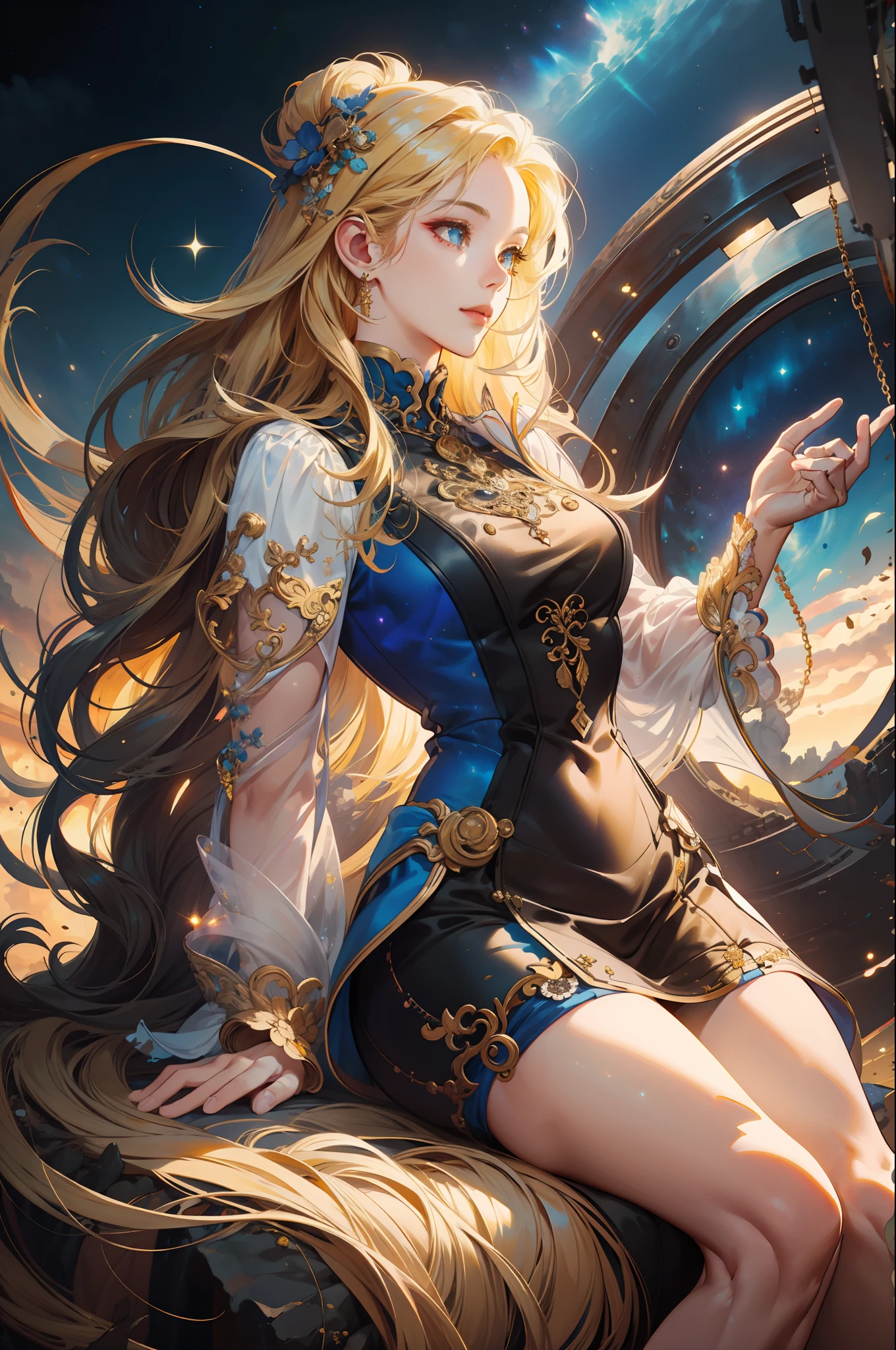 A beautiful girl,22years old,Sexy theme, Perfect face shape, Oversize models, Mature woman, Tall and long legs, Magical feeling,Flight attendant style,Yellow and gold summer dress,Long messy hair,cheerfulness,all body,Hand details,Finger details,Beautiful anime Huaifu style girl,Super detailed drawing,Luminescence,Art concept art by Kahngriffith and Vadim Kashin,A beautiful maiden sitting in cabin background,Abstract beauty,Stand,Close to perfection,Pure form,Golden ratio,ConceptArt,author:Brian Froud、Wadim Kashin and John William Waterhouse,Complex Details,16k post-production,high res,Ultra detail,Artstation trends,Sharp focus,Studio photos,Complex Details,highly detailled,Summer starry sky
