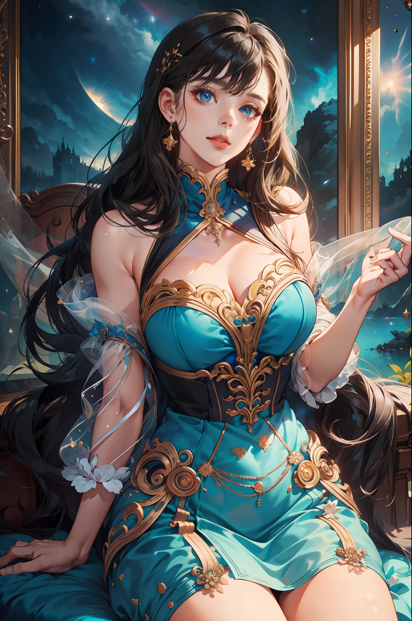 A beautiful girl,22years old,Sexy theme, Perfect face shape, Oversize models, Mature woman, Tall and long legs, Magical feeling,Flight attendant style,Blue and gold summer dress,Long messy hair,cheerfulness,all body,Hand details,Finger details,Beautiful anime Huaifu style girl,Super detailed drawing,Luminescence,Art concept art by Kahngriffith and Vadim Kashin,A beautiful maiden sitting in cabin background,Abstract beauty,Stand,Close to perfection,Pure form,Golden ratio,concept art by theCHAMBA,author:Brian Froud、Wadim Kashin and John William Waterhouse,Complex Details,16k post-production,high res,Ultra detail,Artstation trends,Sharp focus,Studio photos,Complex Details,highly detailled,Summer starry sky