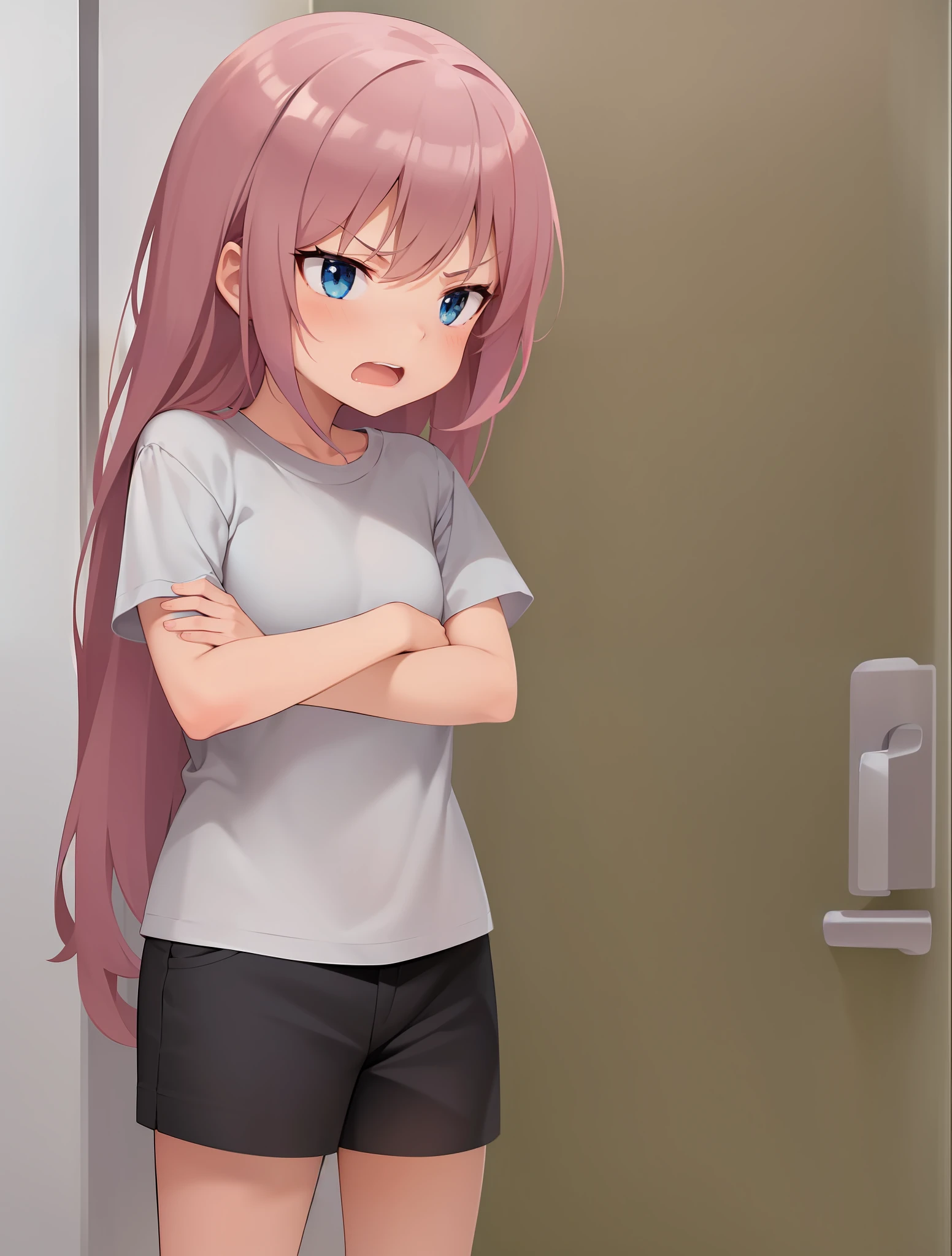 A cute little girl, facing the bathroom door, she seems to be angry, she has pink hair, blue eyes, wears a long white T-shirt and short black shorts, she is with her arms crossed, she is open-mouthed as if she were talking, she is seen sideways in the picture, anime moe artstyle