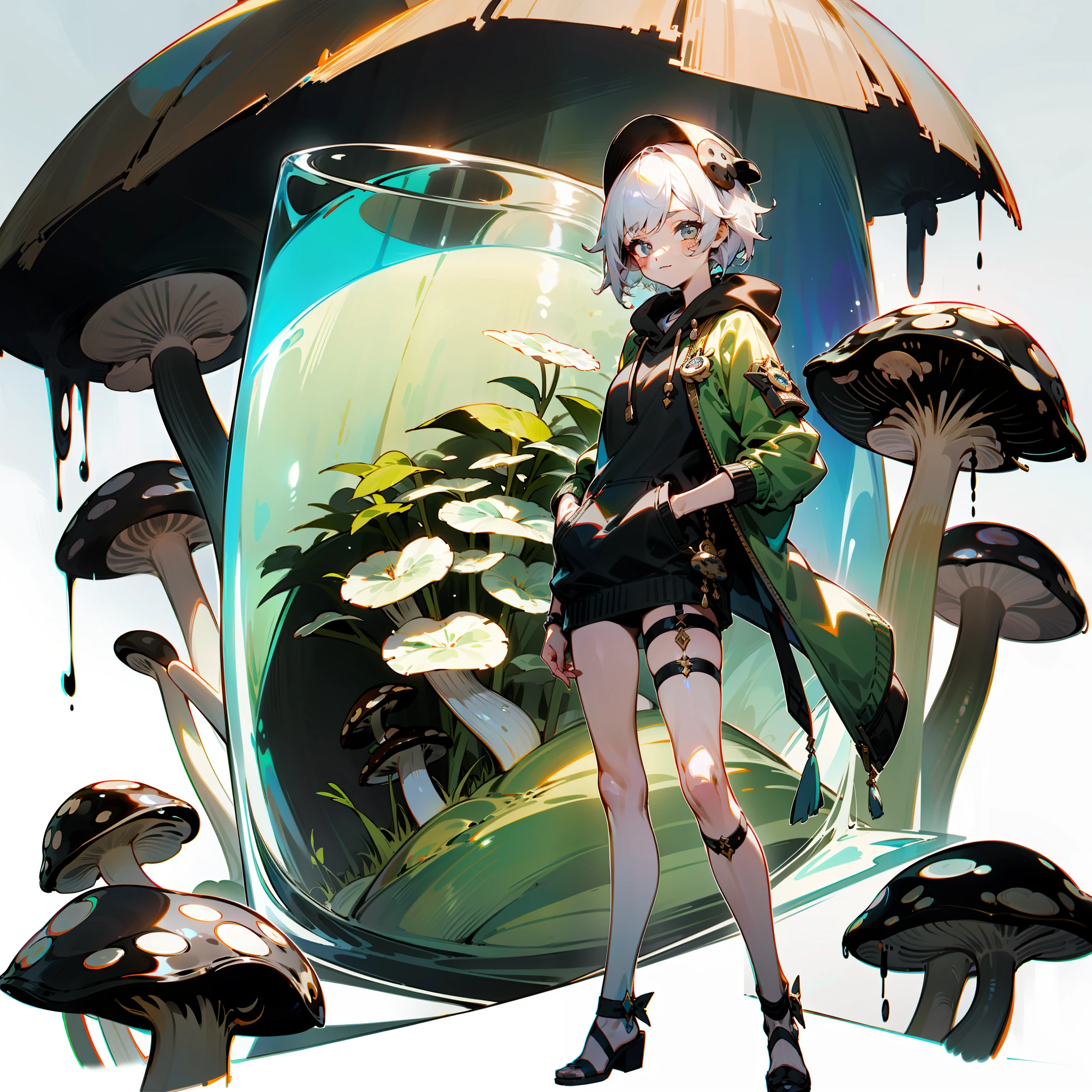 anime cartoon， ful body shot，（Fine beautiful face and eyes） （（Um corpo inteiro））
1girls, solo, Contemporary,Standing painting style，Holding a large transparent plant jar，((（Black mushroom head，Contemporary attire，Leg straps，Sweatshirt）))，Clear punk jacket，Ark of tomorrow style，meadows，Plants with large leaves，（Delicate face，beatyful eyes），volume illumination，(simplebackground)，(fondo blanco)，standup，Genshin Tachi-e，timid，lol