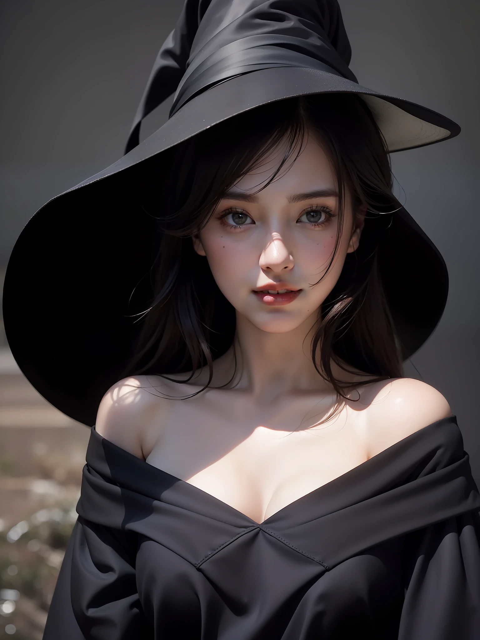 maximum quality、masterwork、ultra high-resolution、(pfotorealistic:1.4)、Raw photo、1girls、off-the-shoulder、dark、Deep shadows、lowkey、Cold light、熟女、Beauty Witch、Familiar faces、Sexy、Um corpo inteiro、revealing cleavage、Like the photo、the real thing、Sorrisos、Mouth open、
