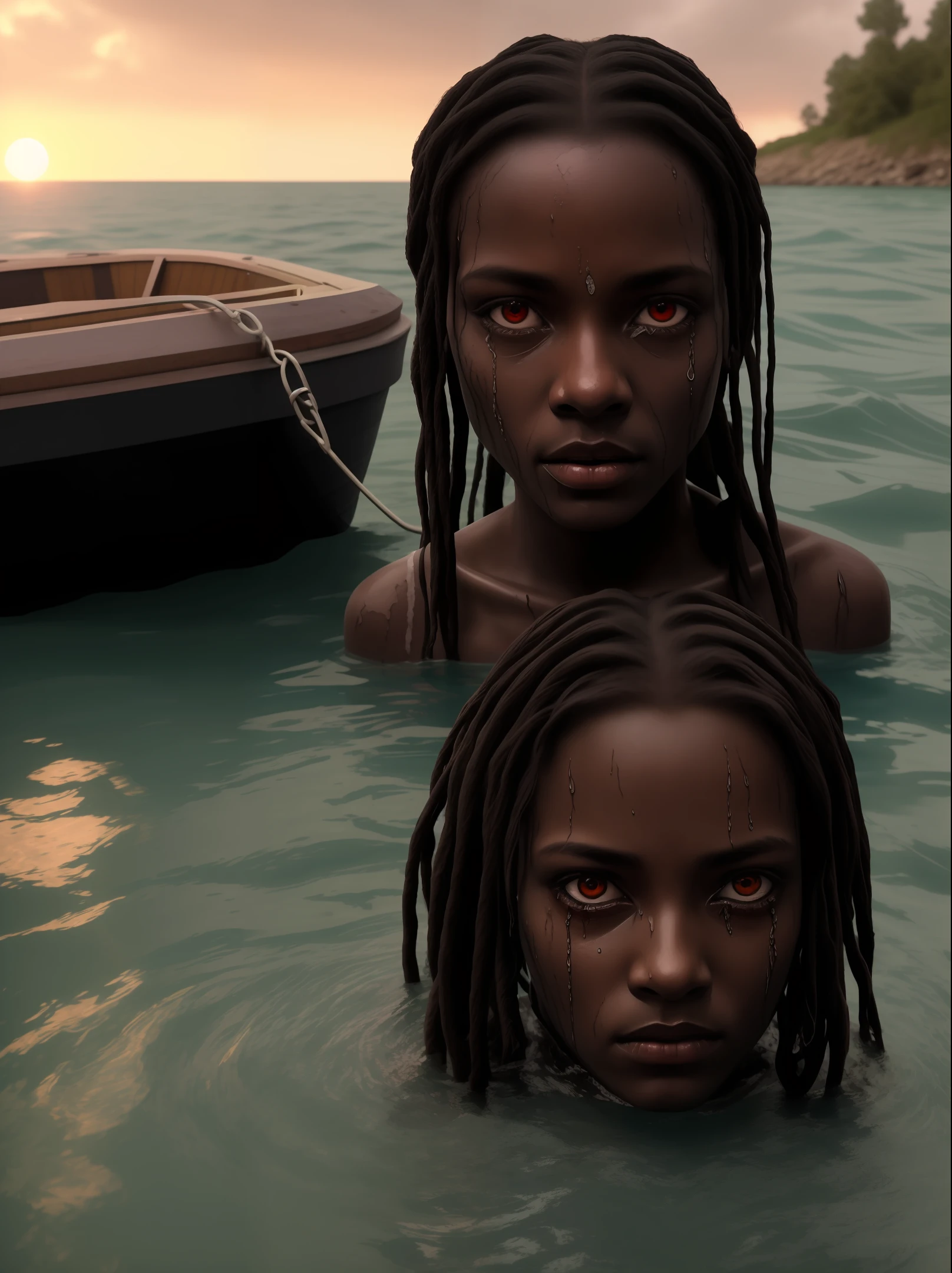 Hyper-realism 8k, slave early 1800’s, drowned, zombie, Tarantino style, detailed eyes, 8k eyes with tears, scary, group of slaved thrown from boat, black history realistic.