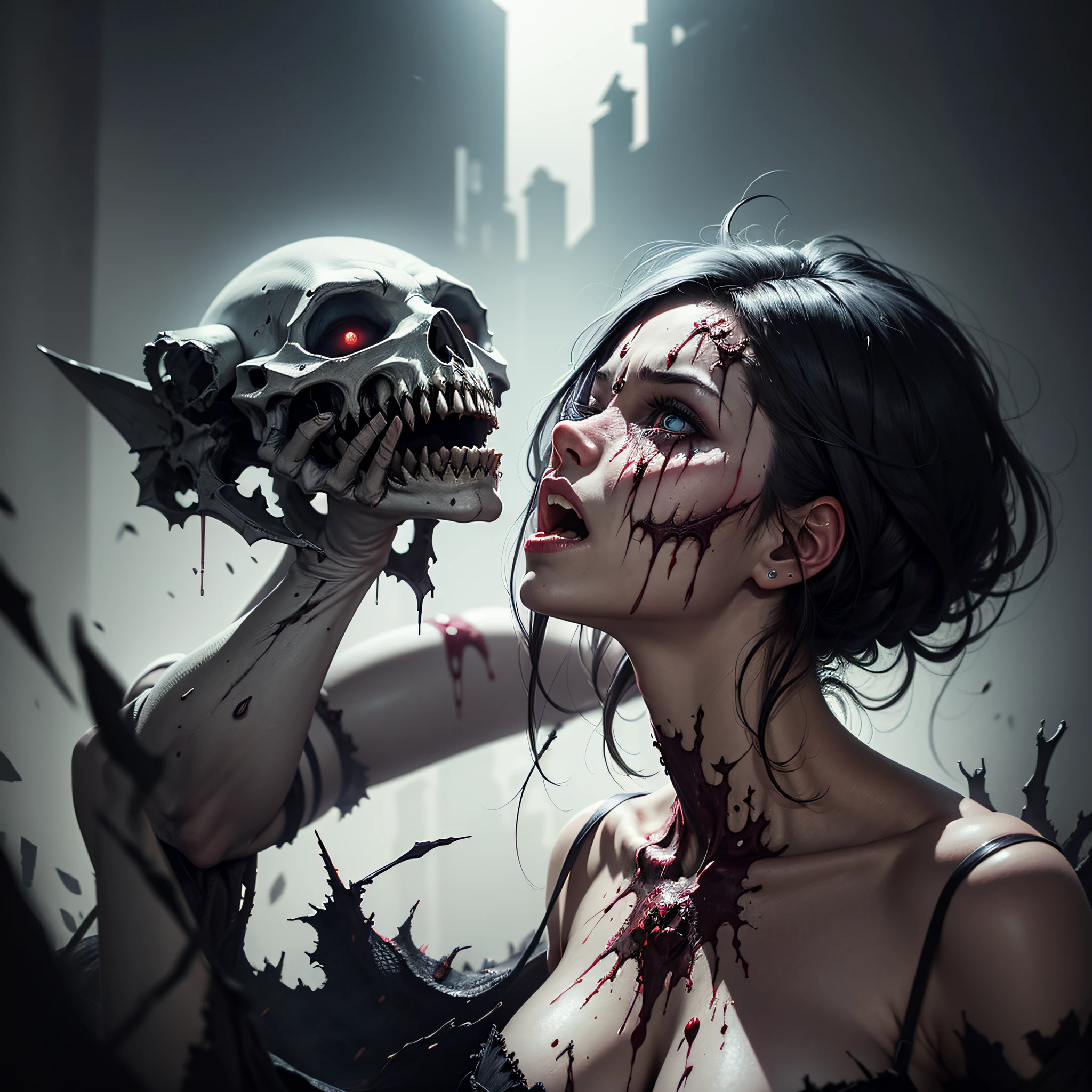 Uma imagem que retrata mortes macabras e violentas. Cenas de tortura, mutilation and carnage make up this chilling composition. O sangue jorra profusamente, bodies are dismembered, and expressions of pain and terror are vivid. The environment is full of grotesque elements and an atmosphere of absolute dread. This image is a sinister journey through the deepest horrors of mortality.