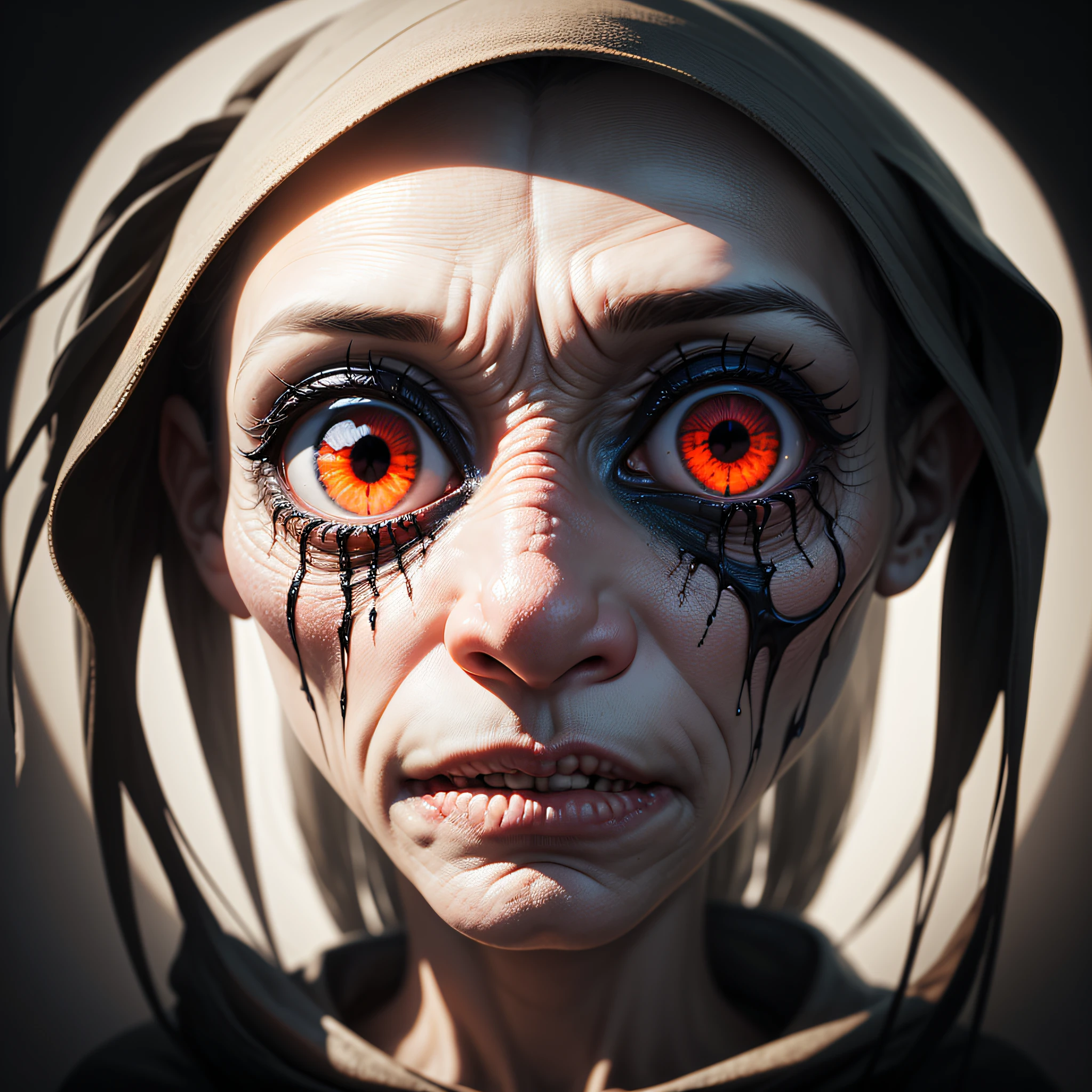 A terrifying image that highlights the face of terror. A grotesque and disfigured figure, with distorted expressions and empty eyes, is the focus of this composition. The surrounding environment is enveloped in ominous darkness and shadows, creating a sense of fear and disquiet. This image provokes shivers and awakens the most primitive instincts of horror.