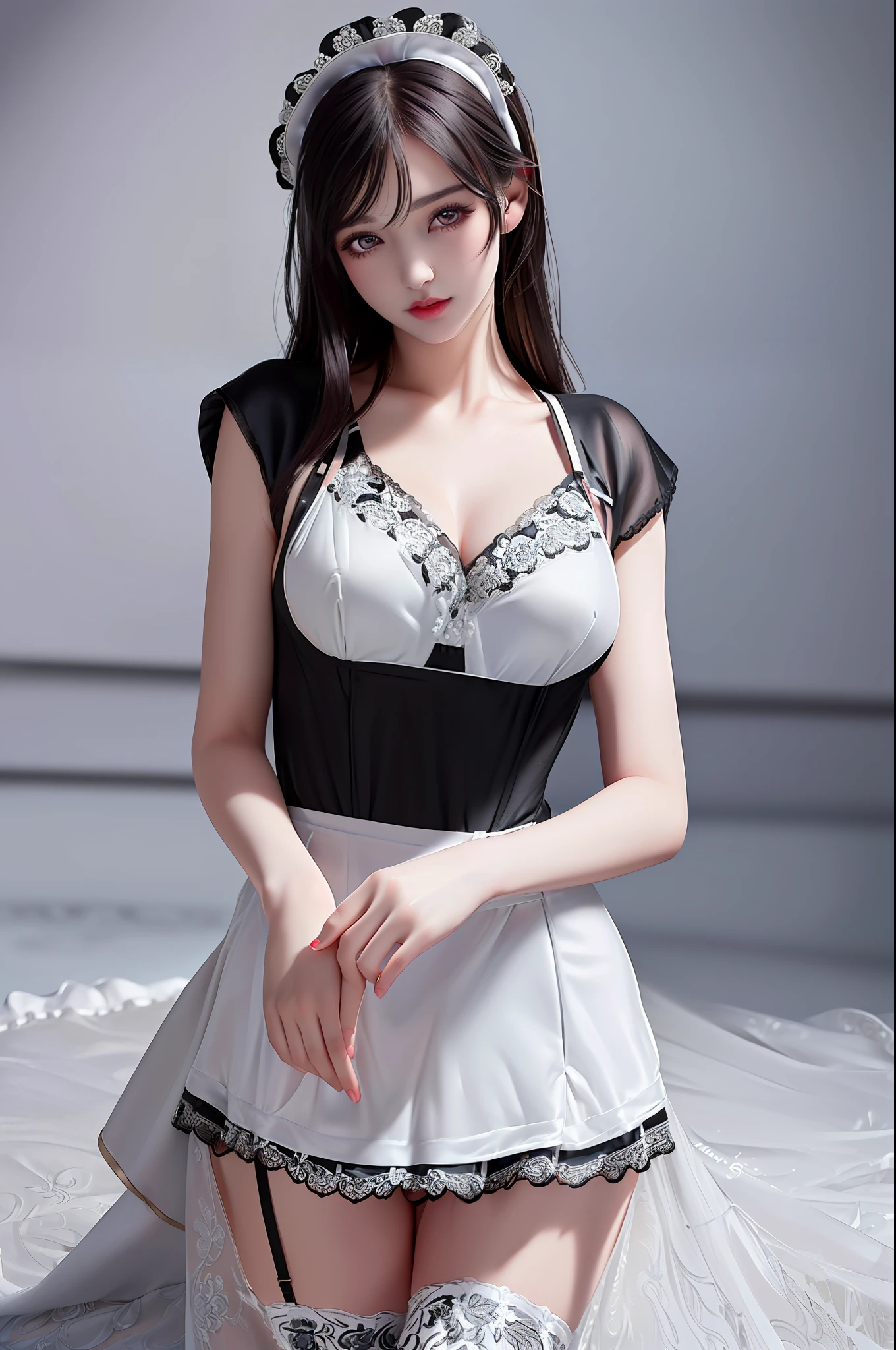 (1girl:2.0), (solo:2.0), (black and white lingerie maid clothes:1.95), (no bra:2.0), (upper body from head to thighs view:1.95), (slender abs:1.5), (detailed realistic skin:1.3), (extremely detailed realistic hair:1.3), (beautiful realistic hairstyle:1.3), (realistic blonde hair:1.3), (beautiful realistic face:1.3), (extremely detailed realistic face:1.3), (realistic red eyes:1.5), (extremely detailed realistic red eyes:1.5), (perfect eyes:1.5), (extremely detailed realistic pupils:1.5), (extremely detailed realistic eyelashes:1.3), (detailed realistic lips:1.3), (beautiful realistic lips:1.3), (realistic medium breasts:1.3), (underboobs exposed:1.3), (masterpiece:1.4), (best quality:1.4), (realistic:1.4), (photography:1.4), (Nikon:1.4), (85mm:1.4), (real life:1.4), (sharp focus:1.4), (8k:1.4), (high resolution:1.4), (ultra-detailed:1.4), (clarity:1.1),