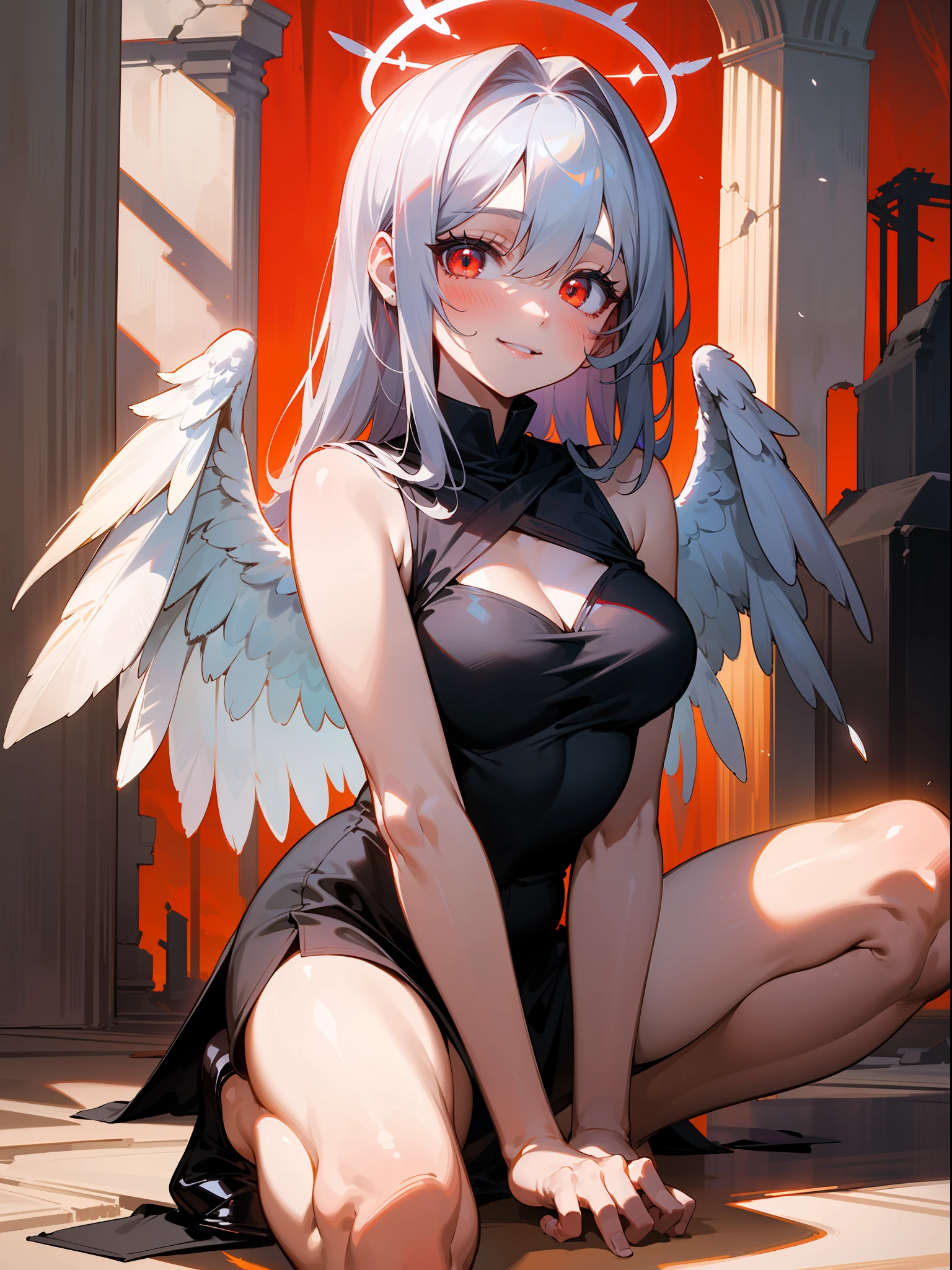 (masterpiece, misteryous), 1girl, angel, on knees, cute,(red halo),happy,gorgeos, glowing eyes, red eyes, angel wings, holy, sensual, black tunic, feathers, ruins background, confident, smile, expressive eyes, collofull eyes, contrast, shadows, masterpiece, digital art,majestic, superior