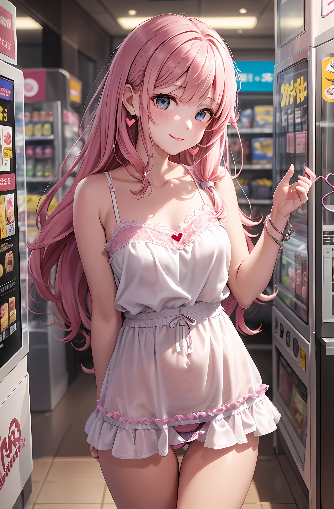 Portrait Art。Pink Hair。slong hair。miniskirts。Camisole。earings。Heart-shaped chest。Heart logo。Happy look。Inside a convenience store、Inside the arcade。Panty、Cute string panties