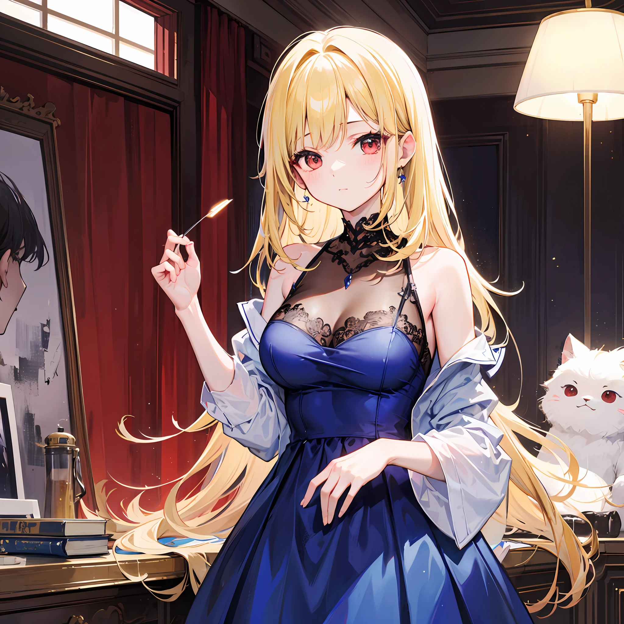 One blonde girl、red-eyed、Blue dress、inside room