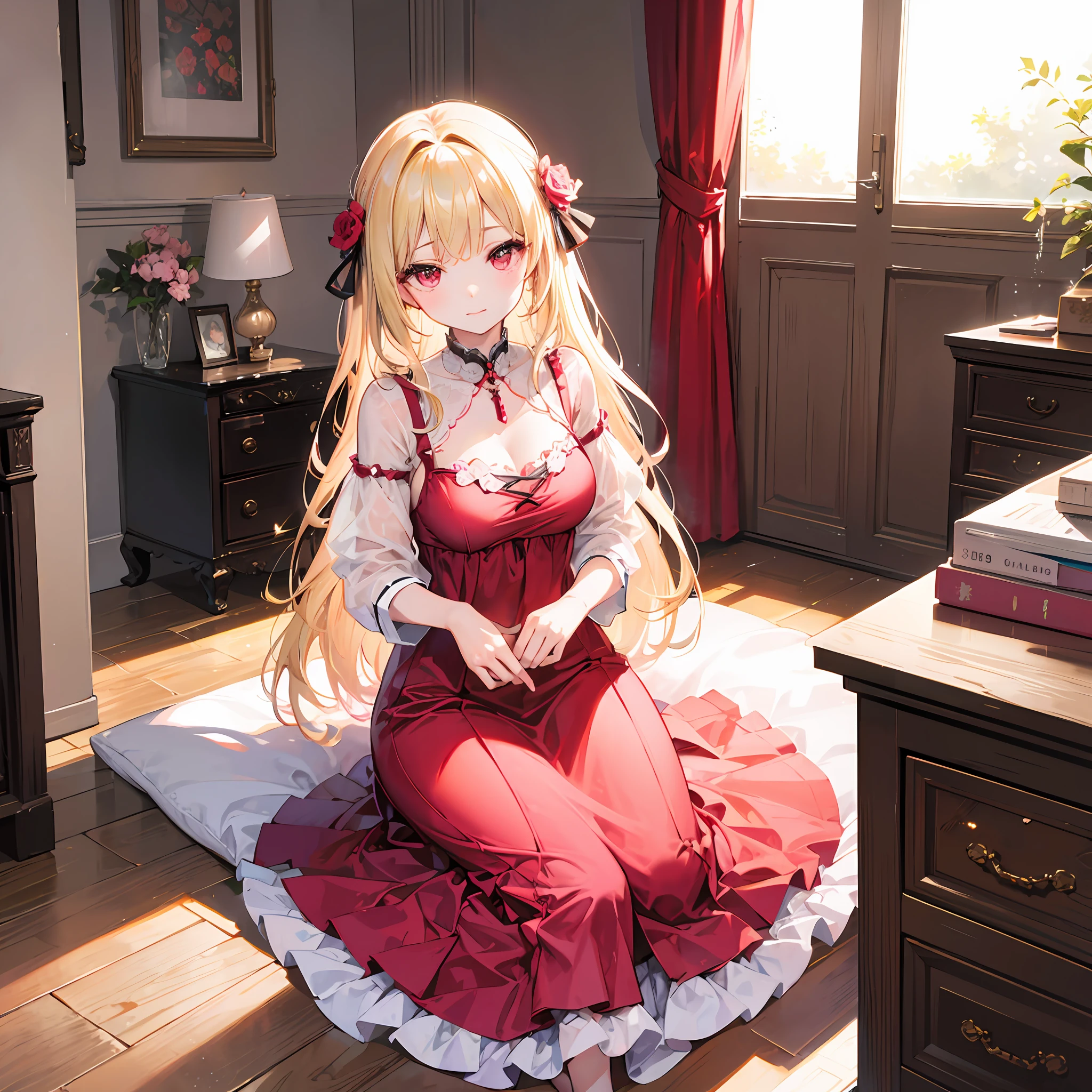 One blonde girl、red-eyed、Pink dress、inside room