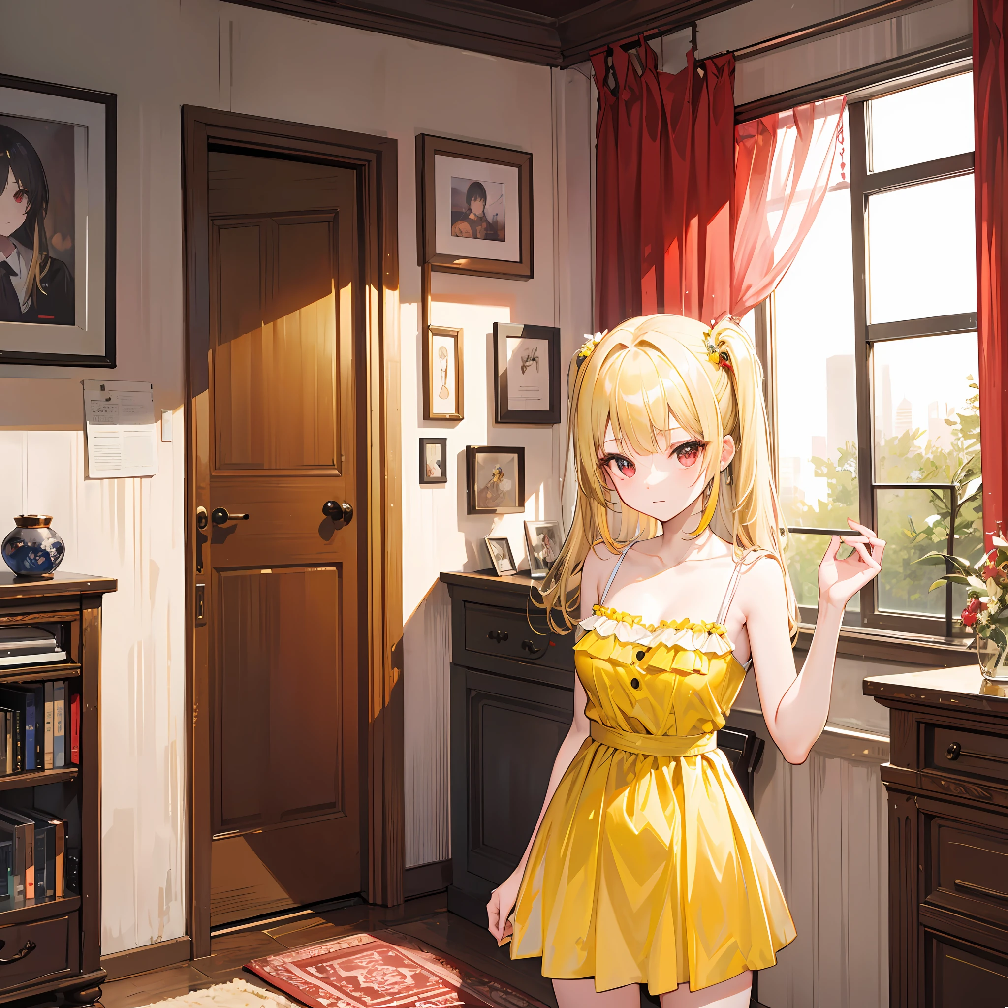 One blonde girl、red-eyed、Yellow dress、inside room