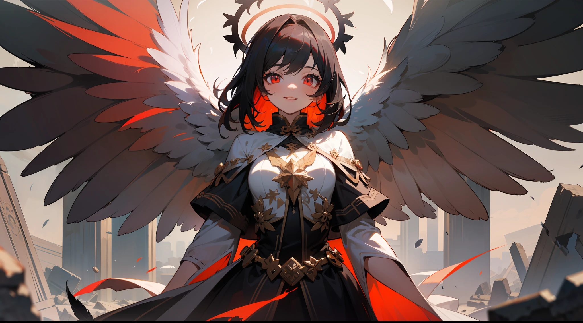 (masterpiece, misteryous), 1girl, angel, cute,(red halo),happy,gorgeos, glowing eyes, red eyes, angel wings, holy, sensual, black tunic, feathers, ruins background, confident, smile, expressive eyes, collofull eyes, contrast, shadows, masterpiece, digital art,majestic, superior