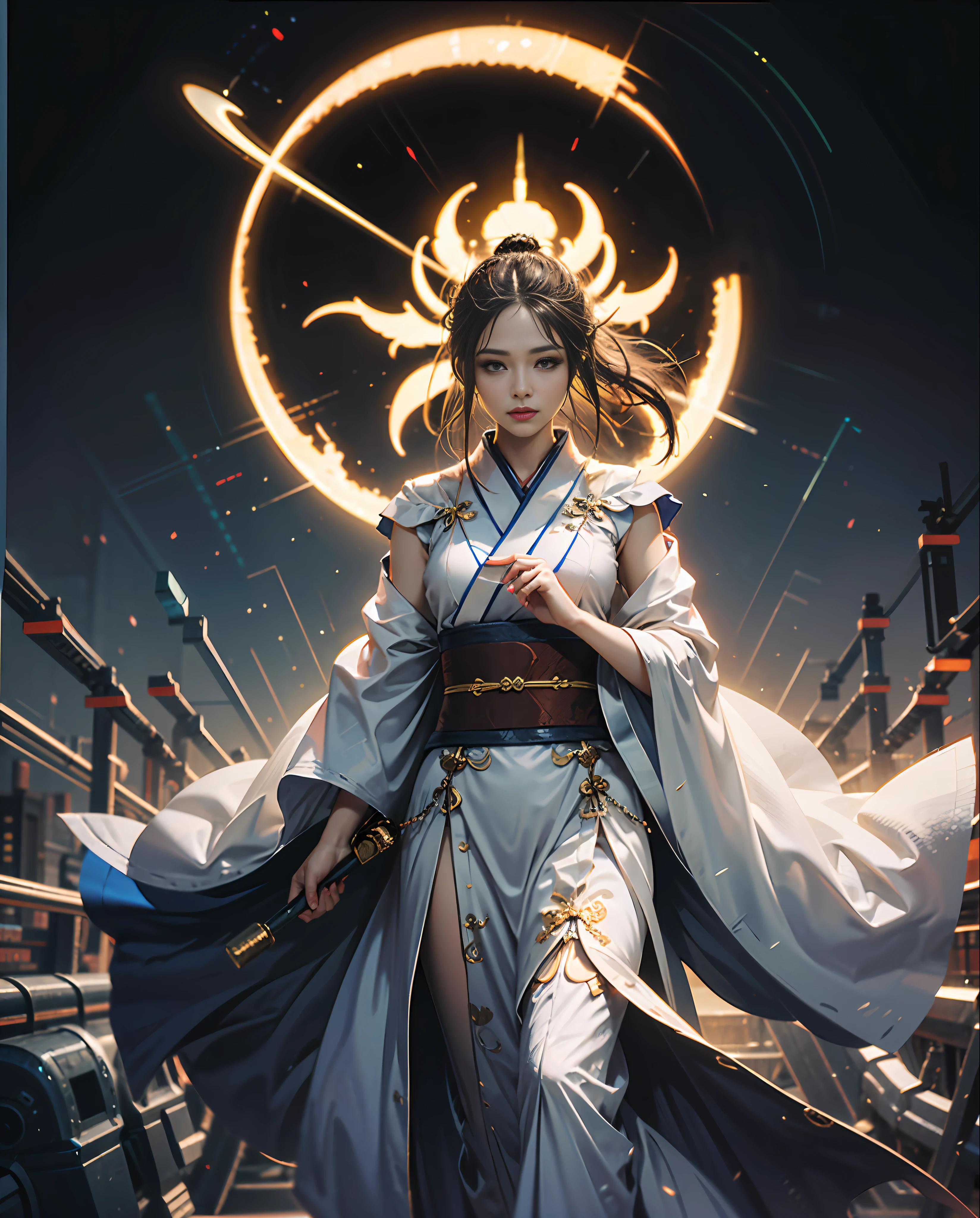 1 very beautiful woman，21yo,，Short blonde hair，Blue eyes，（（Clothes from a Japanese shrine）），Purple cloak，Slim figure，A Masterpiece，bestbestquality，film still，（Floating in the sky），bright，cheerfulness，Warm and soft lighting，sun down，(Saturn in the sky)，Starry night，slong hair，Long curly wind-blonde hair，Galaxy，rim light， beautiful artwork， Perfect composition，A flowing magic robe，xianxia fantasy，Ethereal fantasy，Lifelike，exquisite CG，exquisite facial features，（sparks：0.7）