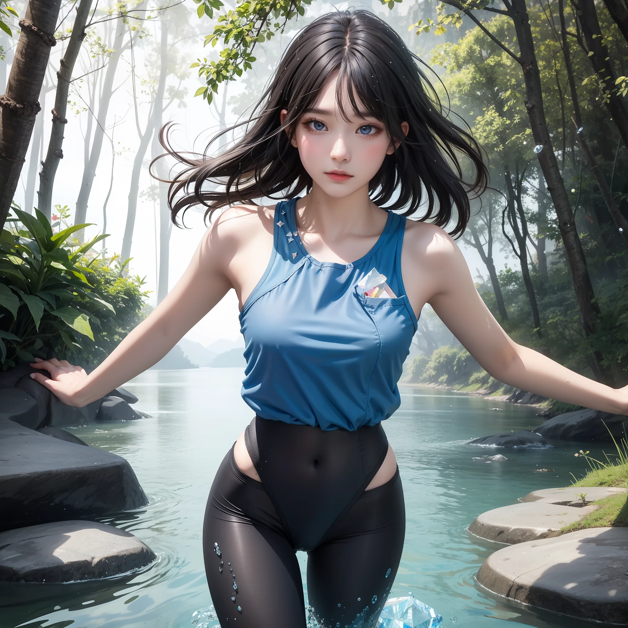 Sparkling lake,Trees overgrow,A hundred flowers argue。
Beautiful girl,Flowing hair and crystal clear lake water,untidy,Flowing,melt,Water mist effect,Elegant blue gradient,intricated,Rendu octane,depth。Graceful,Graceful,Small man's waist,Vest line,Long legs。
Fitted with a suspender pocket,Colorful swimming trunks,Sexy tights。
Detailed eyes,Starry eyes,shiny glistening eyes,incredible detail,Extreme close-up,a hyper realistic,muted colors,Baohe style painting,Transparent fragments,air bubbles,Flowing beads,Everything melts and flows,Fractal,8K