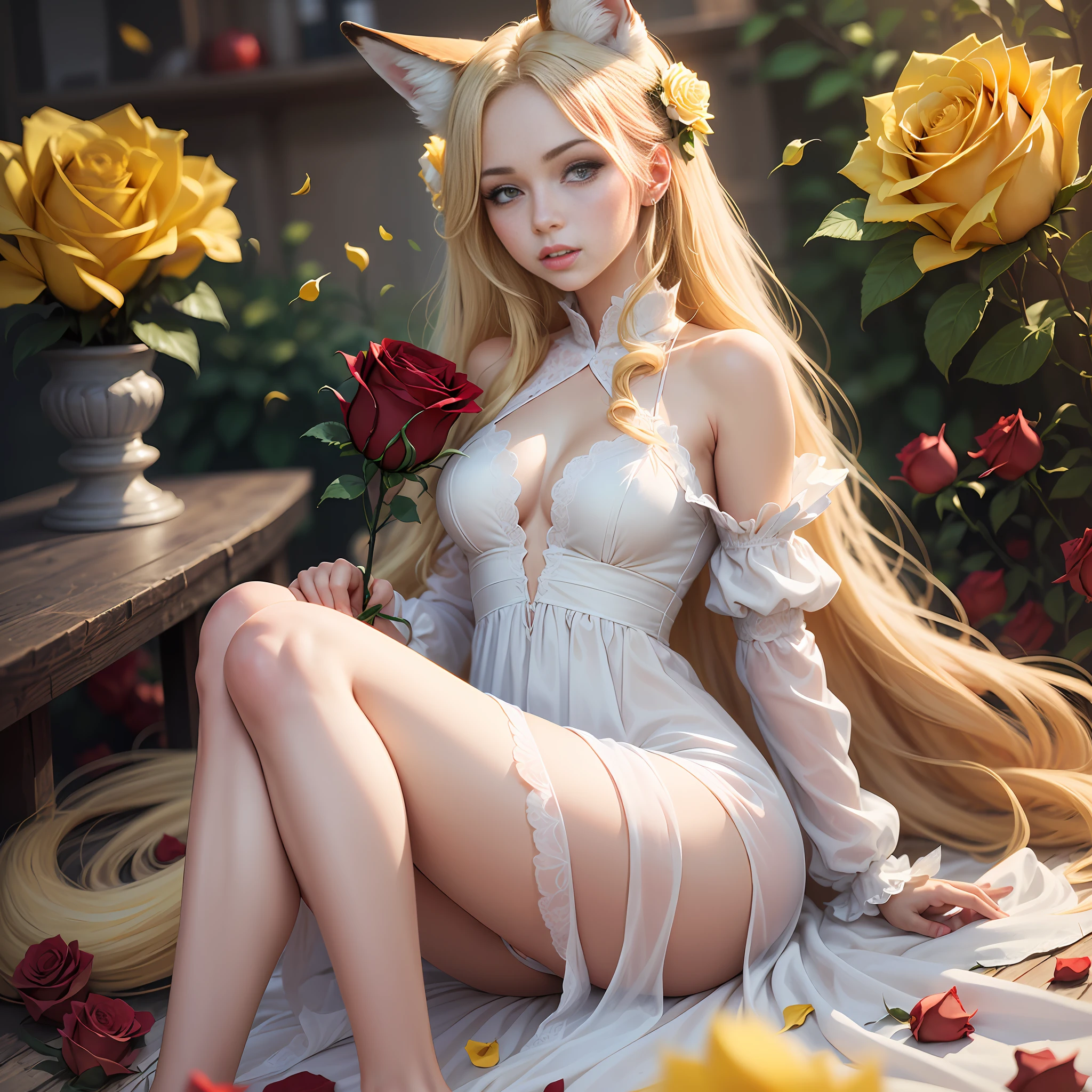 ((best quality)), an extremely delicate and beautiful, (a young woman:1.3) with (long blonde hair:1.1), wearing a (long flowing white dress),(yellow fox ears:1.2 and tail:1.2), (laying on:1.1) a (red roses:1.3), with thorns, manga art style