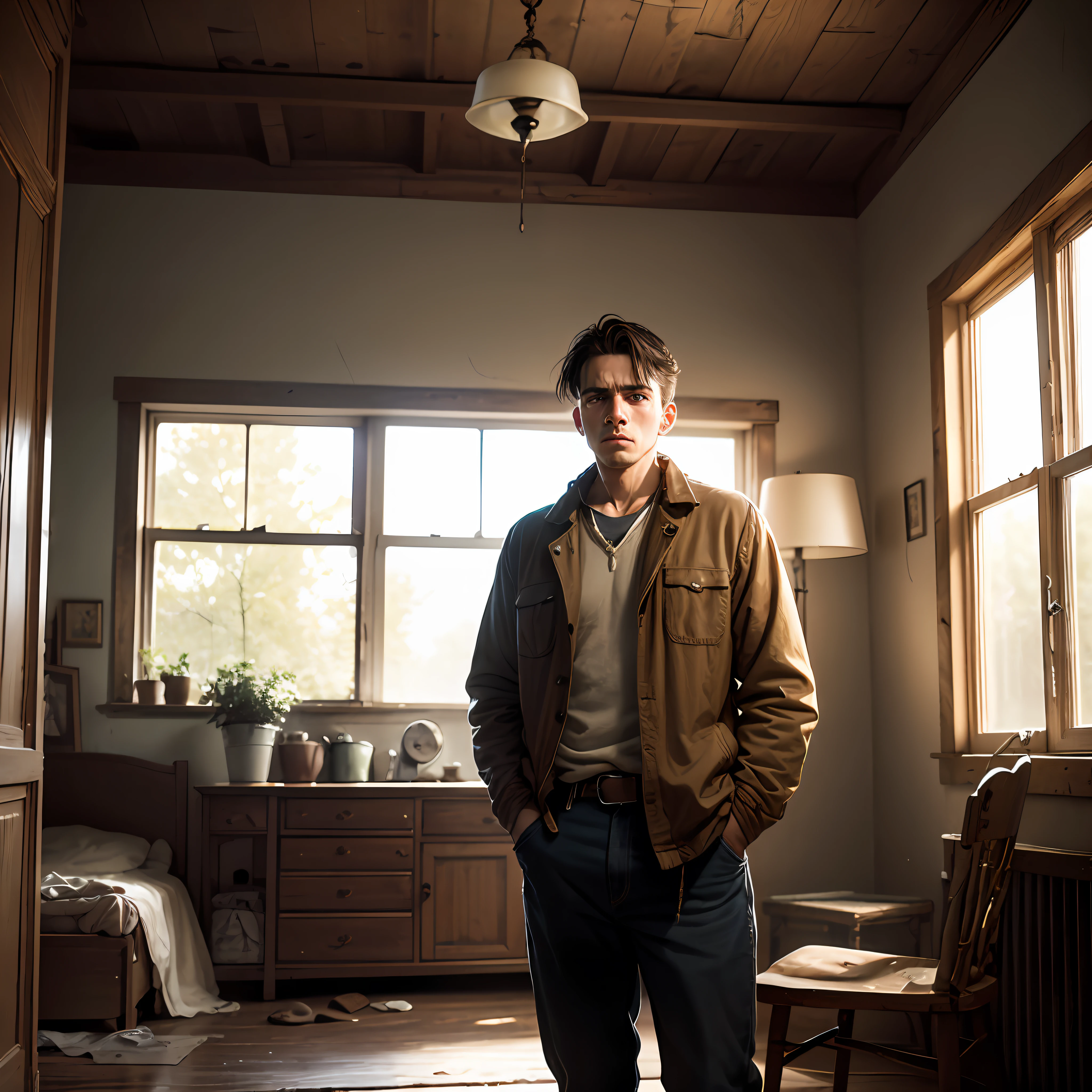 I would like an image that portrays a young Western man, lonely, discouraged, poor, in old clothes, in an old house, with old furniture, The image should be as realistic as possible, capturing authentic details and conveying a preserved atmosphere and the lack of of hope. --auto