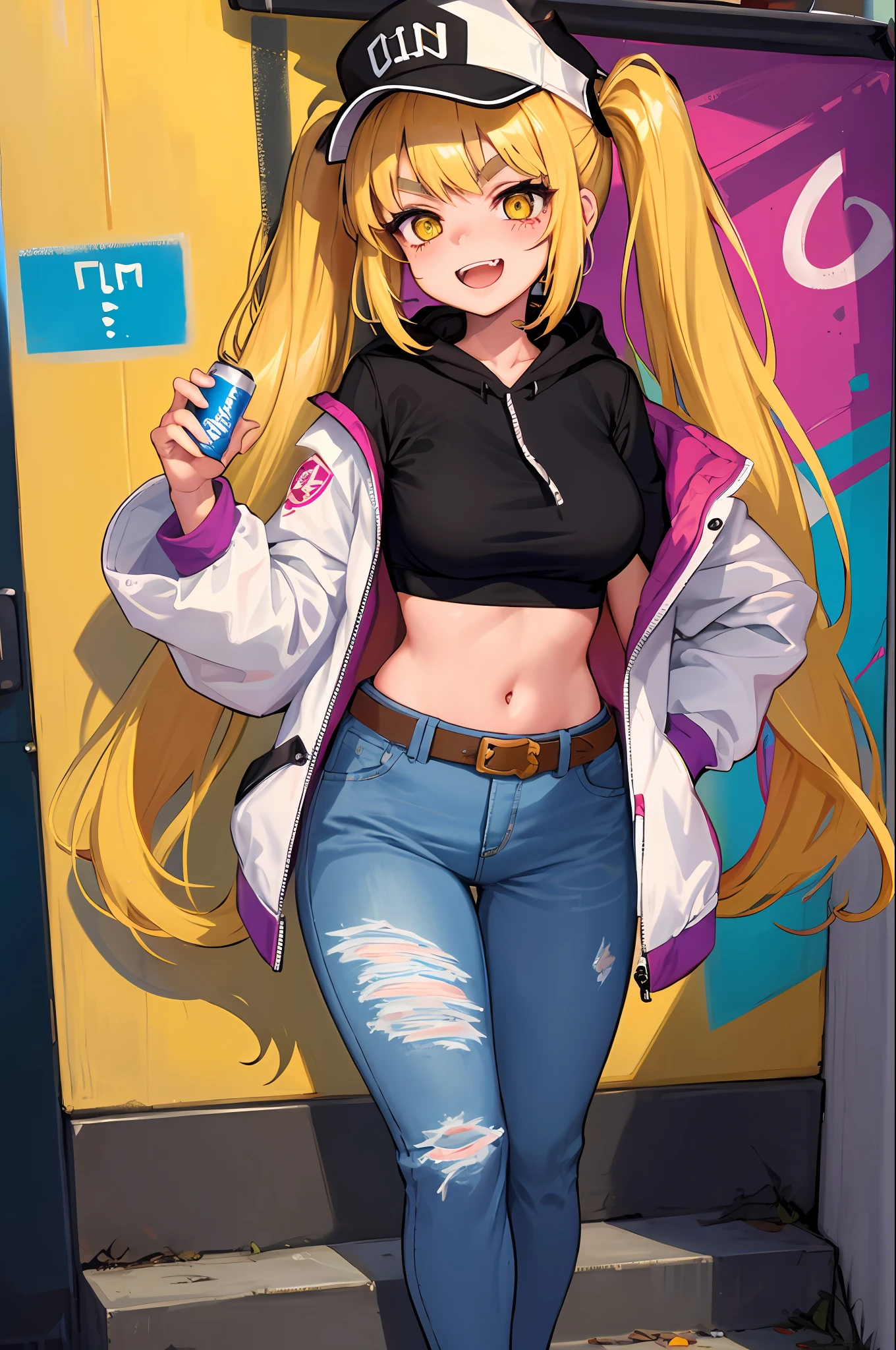 Original Character, Volumetric Lighting, Best Shadows, Shallow Depth of Field, Portrait Of Stunningly Beautiful Girl, Petite, Delicate Beautiful Attractive Face With Alluring Yellow Eyes, Messy Painted Face, Sharp Eyebrows, Broadly Smiling, Open Mouth, Fangs Out, Lovely Medium Breasts, Layered Long Twintail Blond Hair, Blush Eyeshadow, Thick Eyelashes, Applejack Hat, Oversized Pop Jacket, Mini Underboob Tee, Open Navel, Slim Waist, Denim Jeans Pants, With Buckle Belt, In The Graffiti Alley, Waste Container, Outside Stairs, Outdoor Unit, Holding Spray Paint Can, Standing, (Highest Quality, Amazing Details:1.25), (Solo:1.3), Brilliant Colorful Paintings