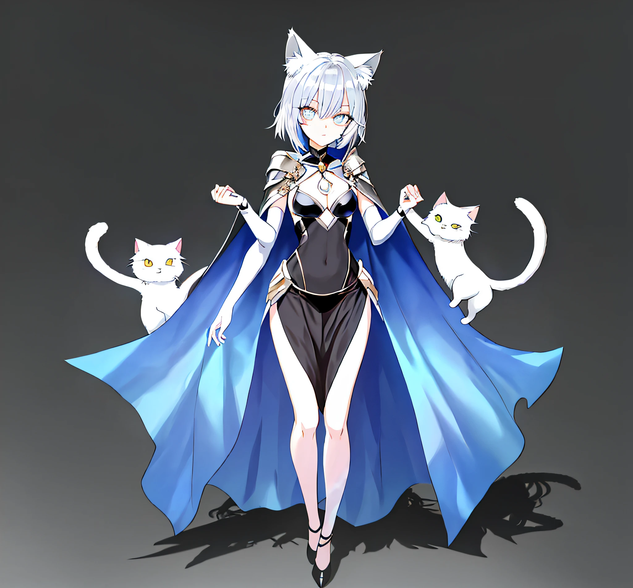 (Masterpiece:1.2, Best quality), (finely detailed beautiful eyes: 1.2), (Extremely detailed CG Unity 8K wallpaper, Masterpiece, Best quality, Ultra-detailed, best shadow), (Detailed background), (Beautiful detailed face, Beautiful detailed eyes), High contrast, (Optimal Lighting, An extremely delicate and beautiful),1girls, enmaided,Full body,Silver hair, slit pupils, Cat ears,Cape