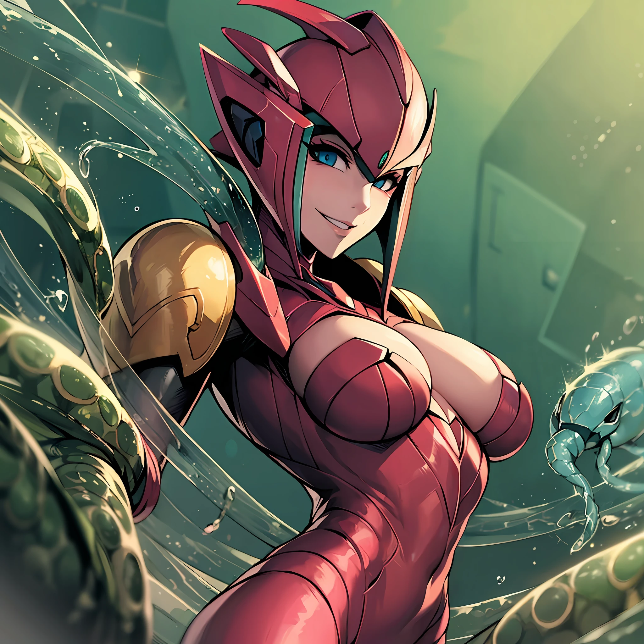 Woman wearing tentacles dripping hot water、Guyver Style、wicked smile、Scarabeleploid、tail、Cel Shade Adult Animation、Metroid Suit