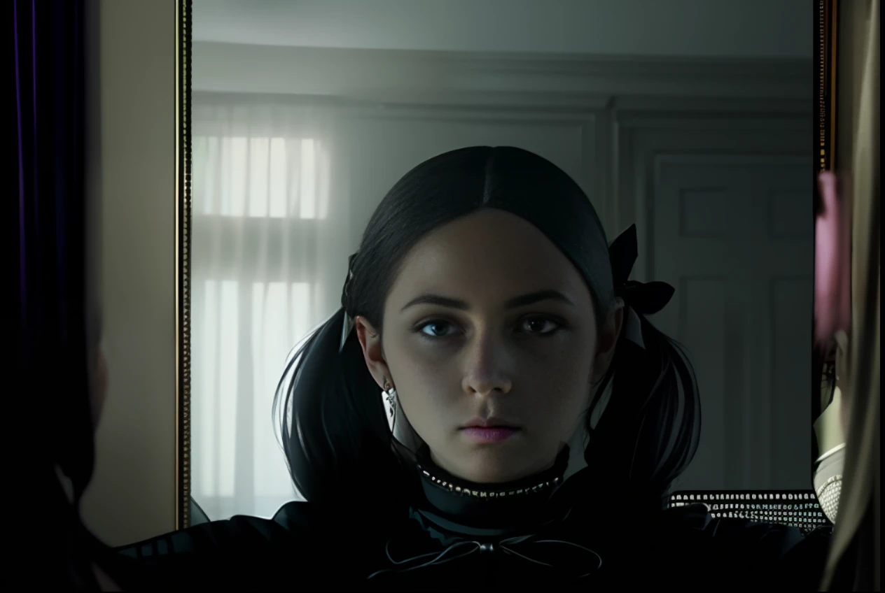 there is a woman that is looking at herself in the mirror, still from a music video, movie still of the alien girl, high quality film still, film promotional still, wednesday addams, as wednesday addams, a still of an ethereal, still frame from a movie, screenshot from a movie, still from the film, film still promotional image, an film still