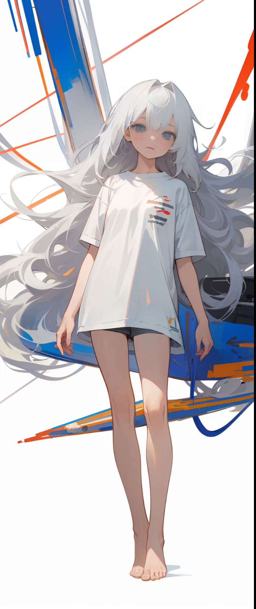 ((4k,masterpiece,best quality)), 
1 girl, solo, white hair, long hair, white, white t-shirt tshirt, white background, ｓｔａｎｄｉｎｇ,standing, full body, full body, only wearing a t-shirt、Wearing only t-shirt, barefoot、Wearing only t-shirt, barefoot、Wearing only t-shirt, barefoot