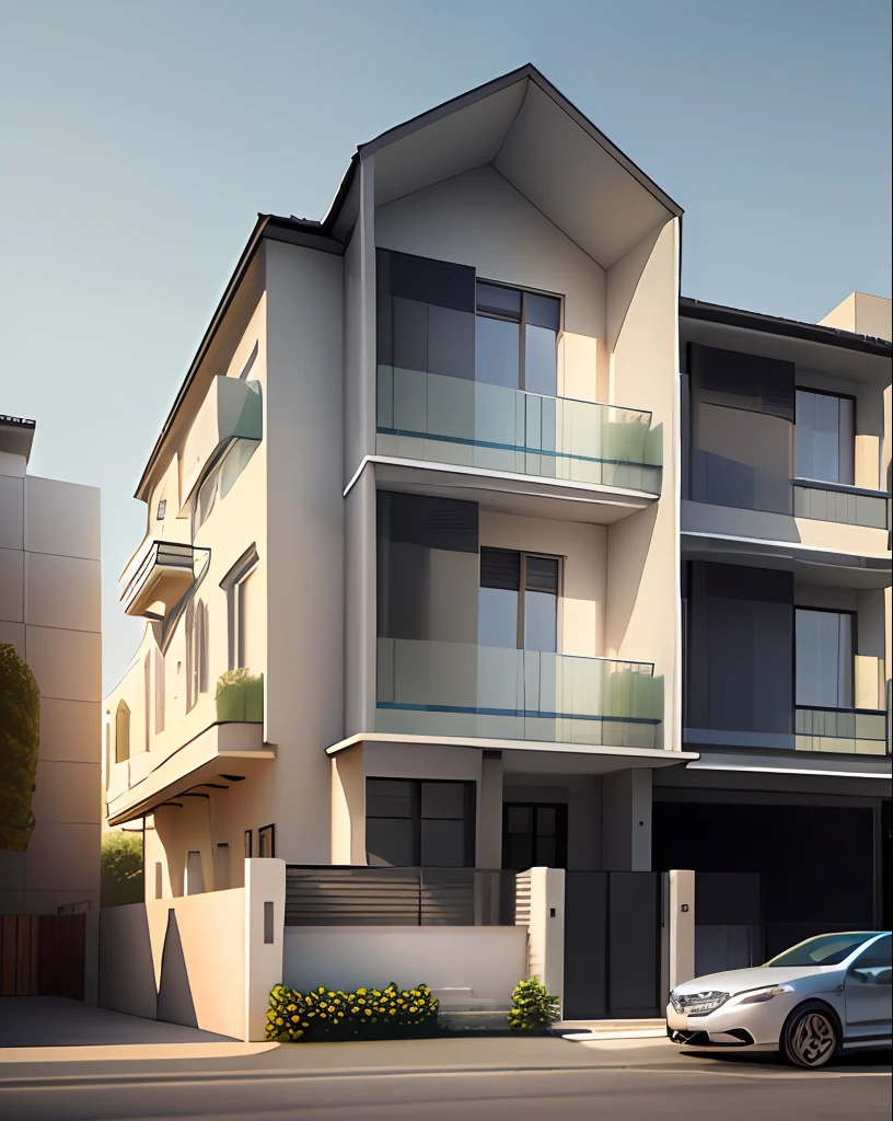 arafed white building with a car parked in front of it, inter dimensional villa by Tadao Ando, all white render, frontview, concept house, exterior design, front elevation view, in style of simplified realism, rendered, overall architectural design, front-view, elevation view, complete house, lumion render, pre-rendered, 3d render,